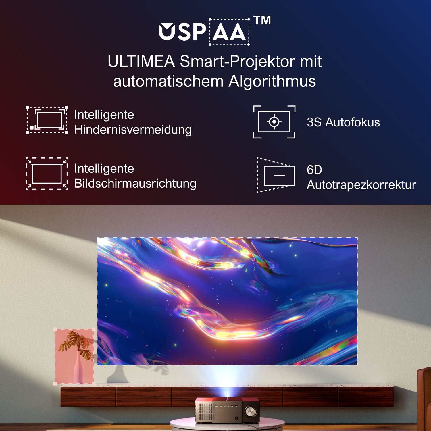 Un proyector sobre una mesa proyectando una imagen en una pared, con texto que describe sus características.