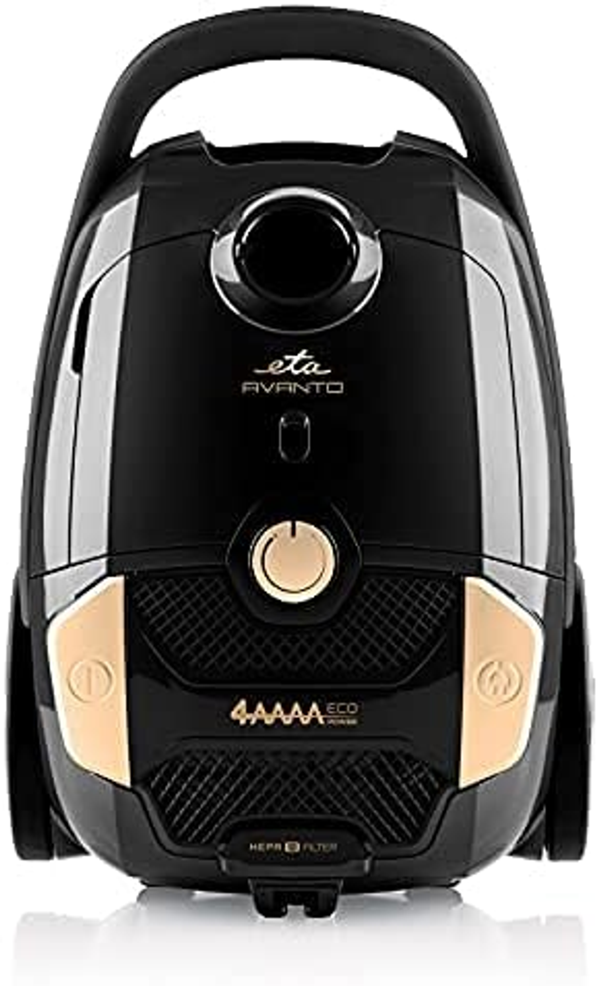 Czarny i złoty odkurzacz z napisem 'eta AVANTO'. Urządzenie jest w pozycji pionowej.