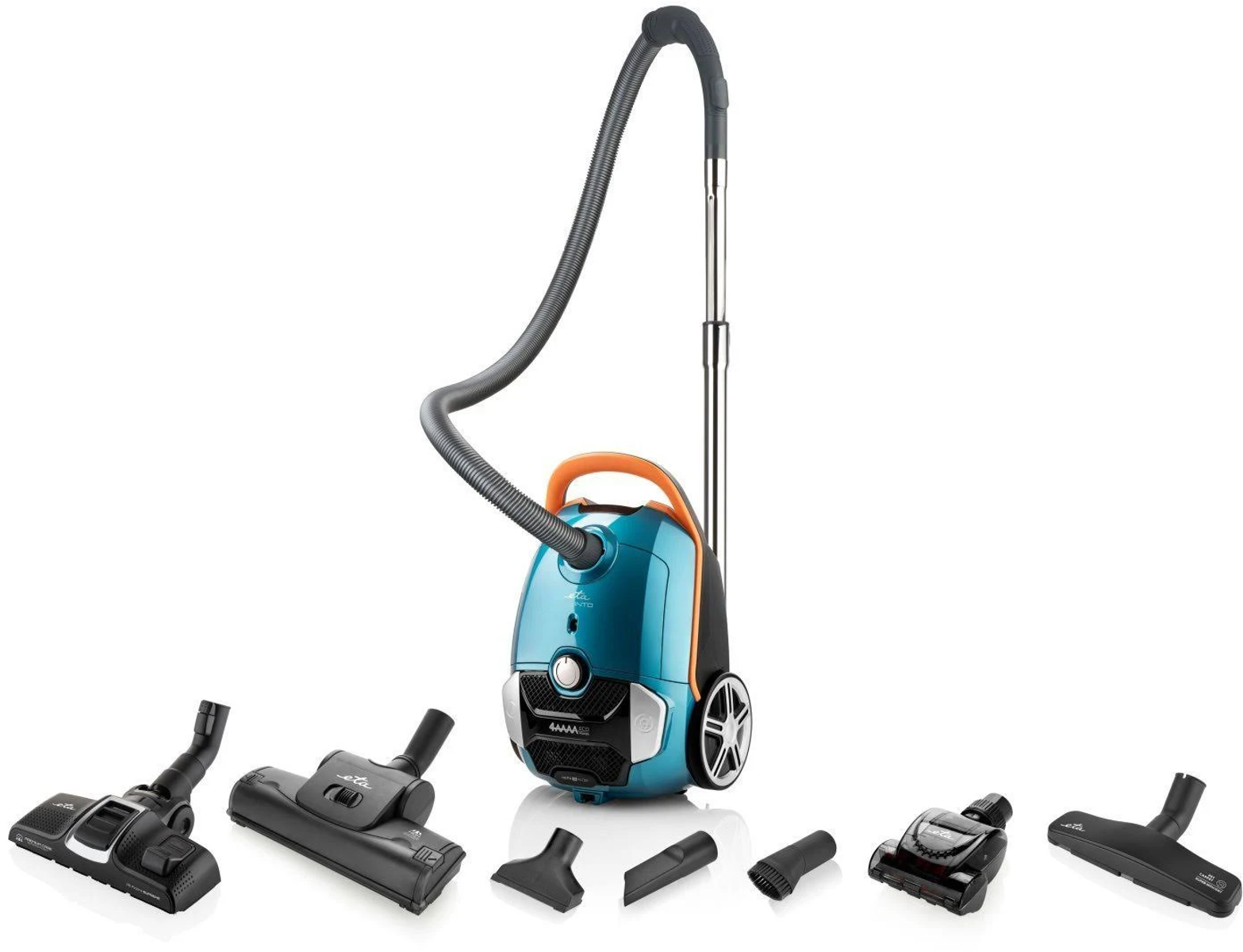 Teal vacuum cleaner with accessories, showing various attachments. White background.