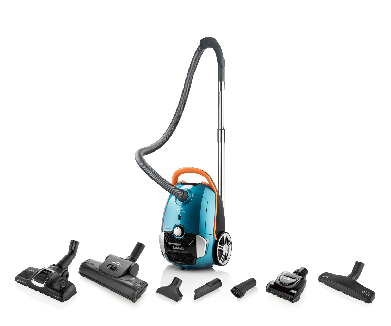Blue and orange vacuum cleaner with attachments. The vacuum is on a white background.