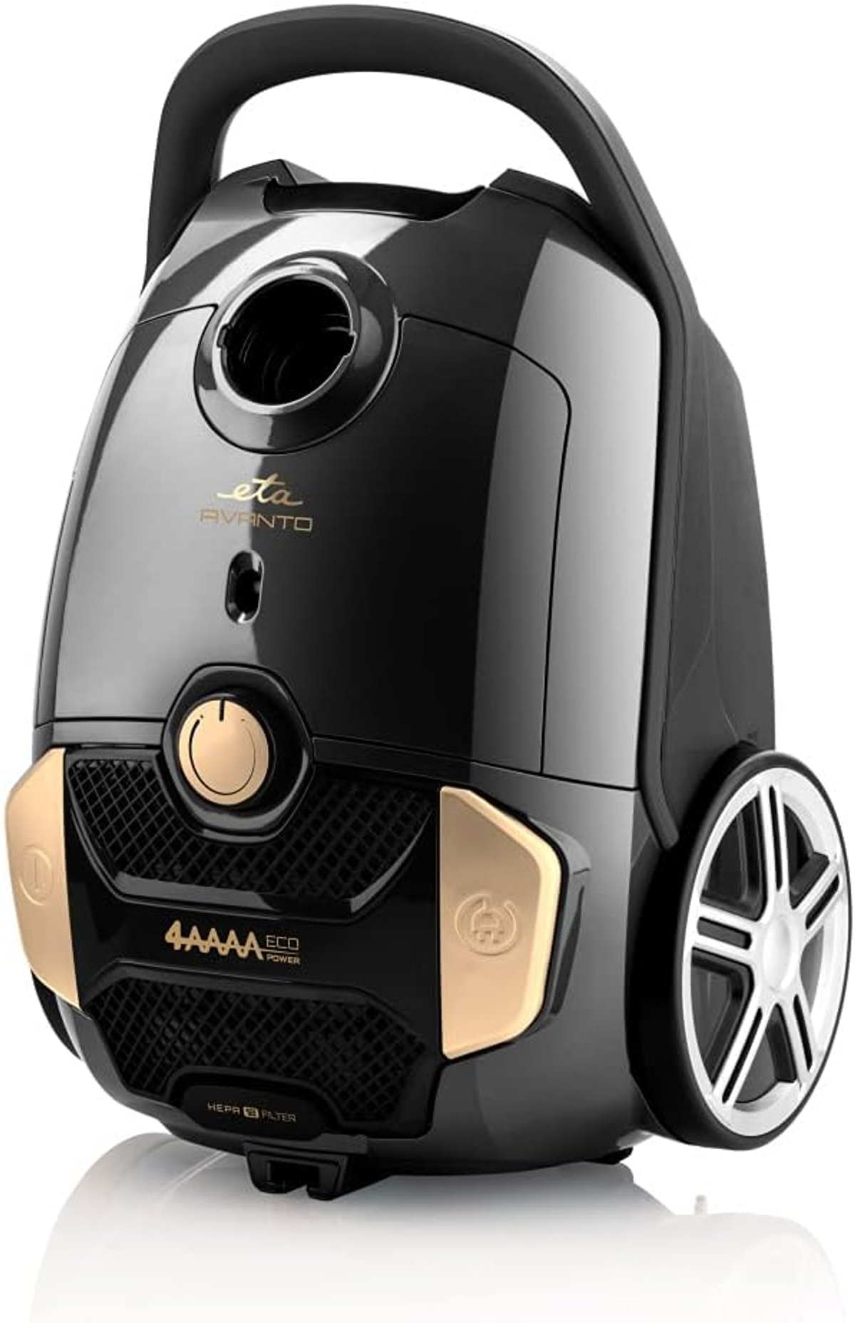 Czarny odkurzacz ze złotymi akcentami. Białe tło.