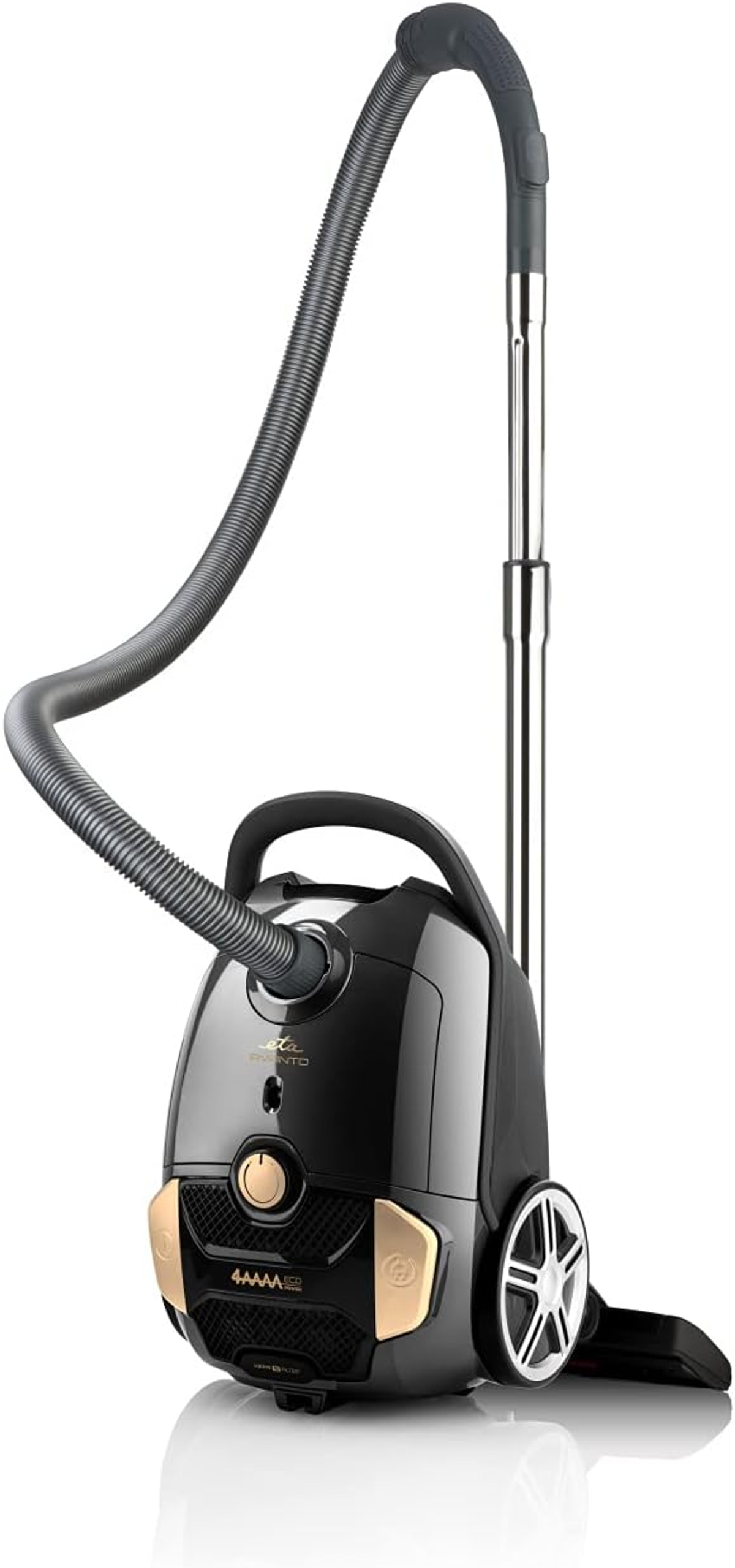 Czarny odkurzacz ze złotymi akcentami na białym tle.