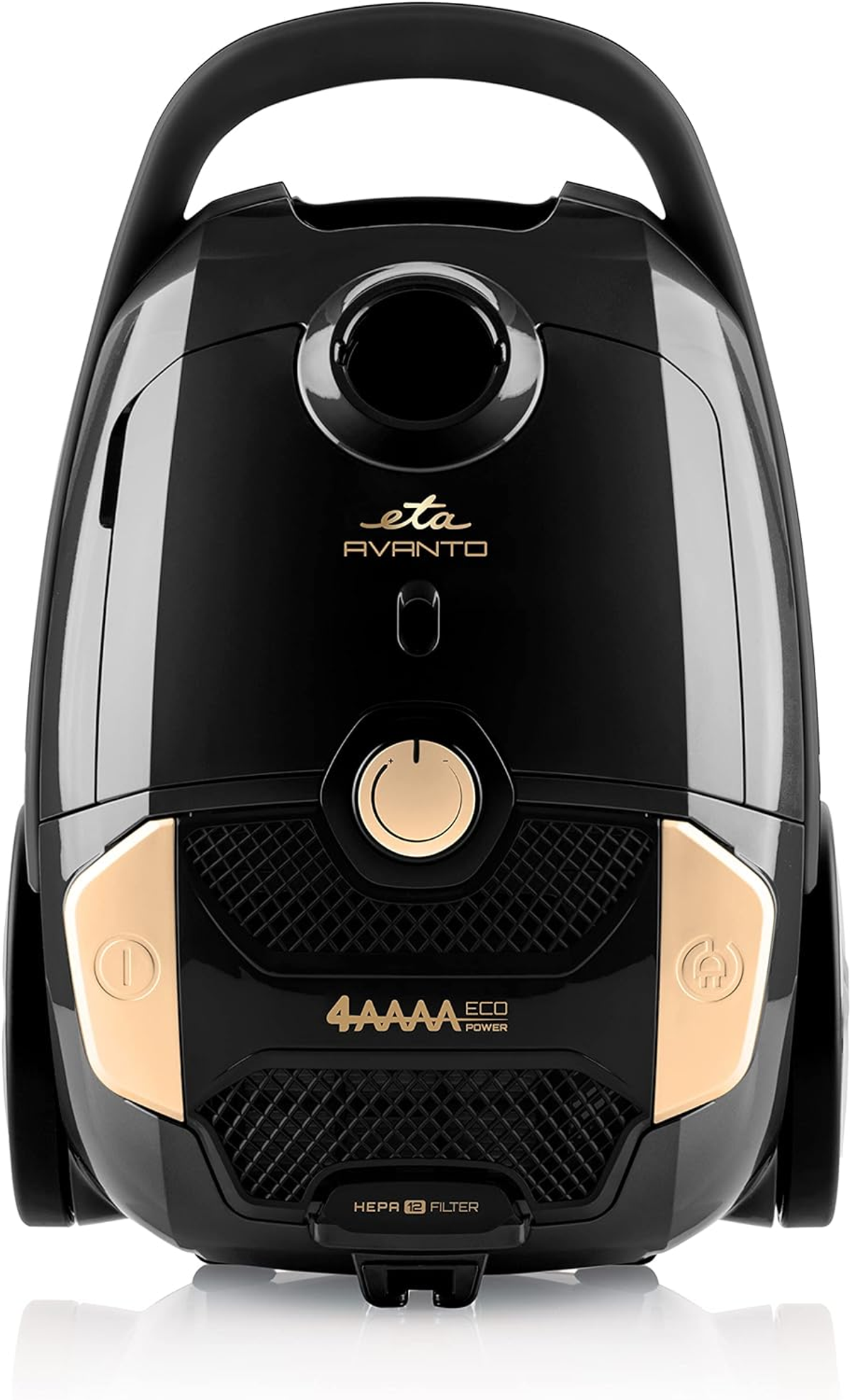 Czarny odkurzacz, ze złotymi detalami, uchwytem i nazwą marki.