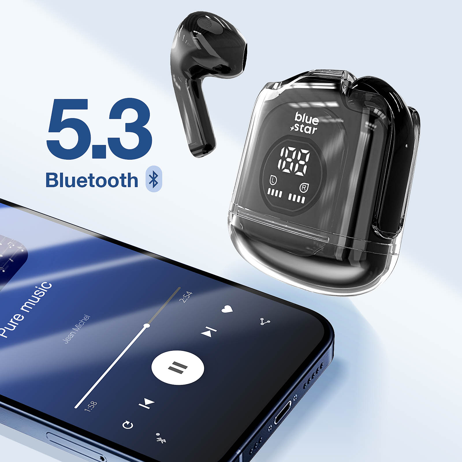 Schwarze kabellose Ohrhörer und Ladecase mit einem Telefon, das Musiksteuerungen anzeigt.