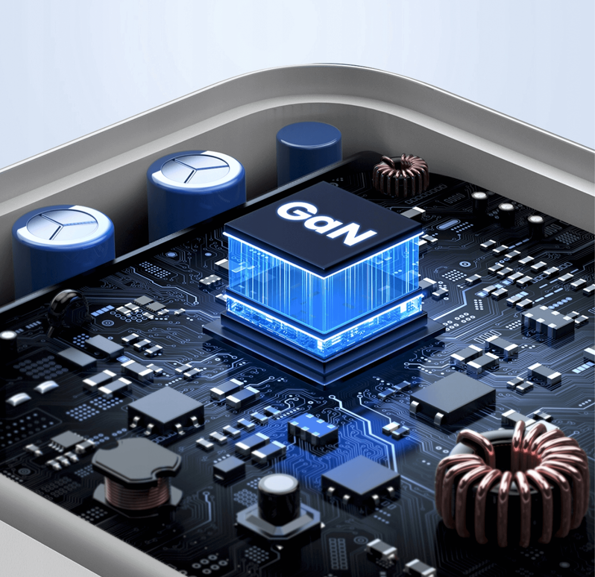 Zbliżenie układu GaN z niebieskim światłem, otoczonego elementami elektronicznymi na płytce drukowanej.