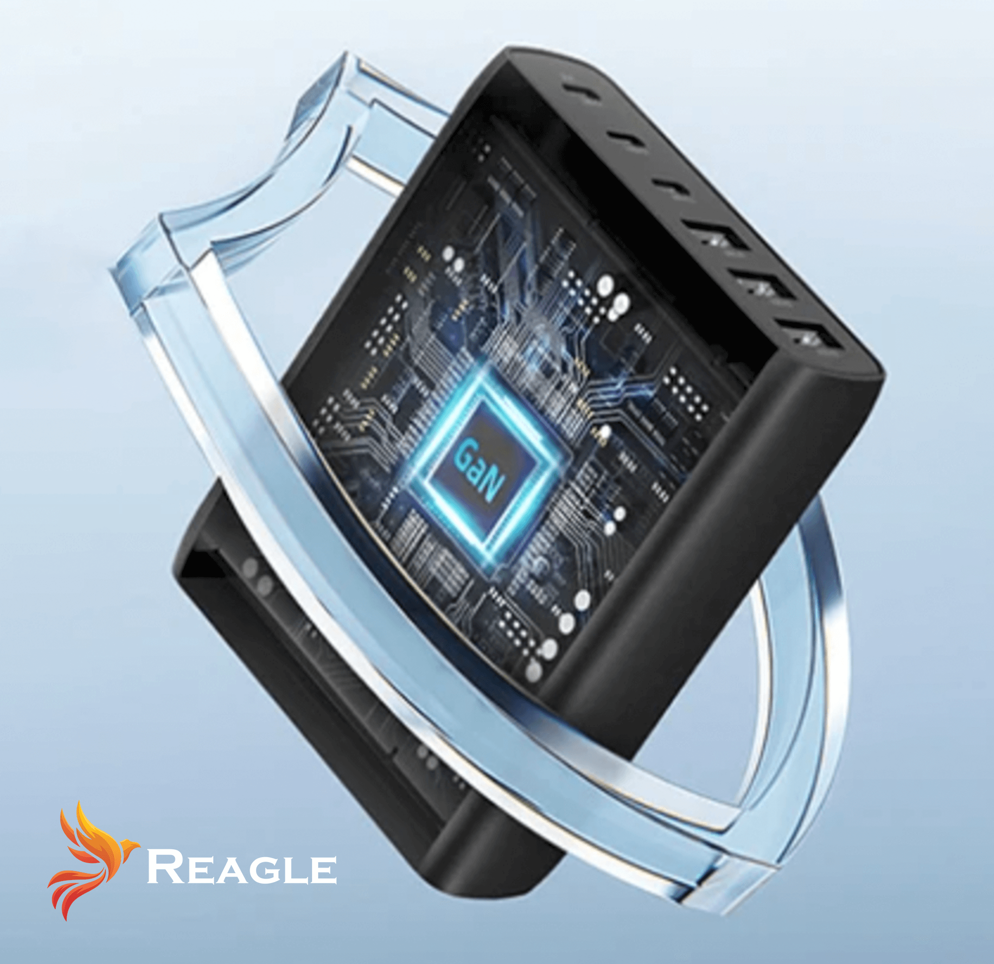 Czarny zasilacz z wieloma portami. Widoczna świecąca na niebiesko grafika obwodu.