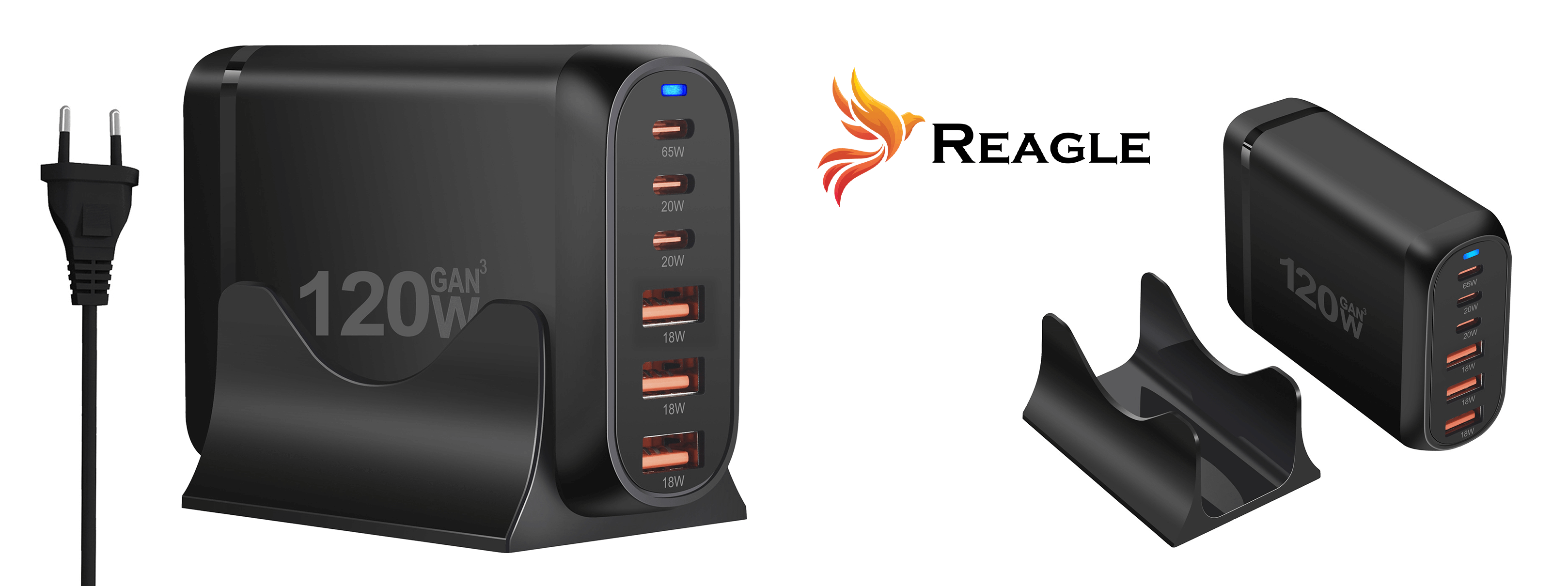 Czarny zasilacz 120W z wieloma portami ładowania i czarną podstawką.