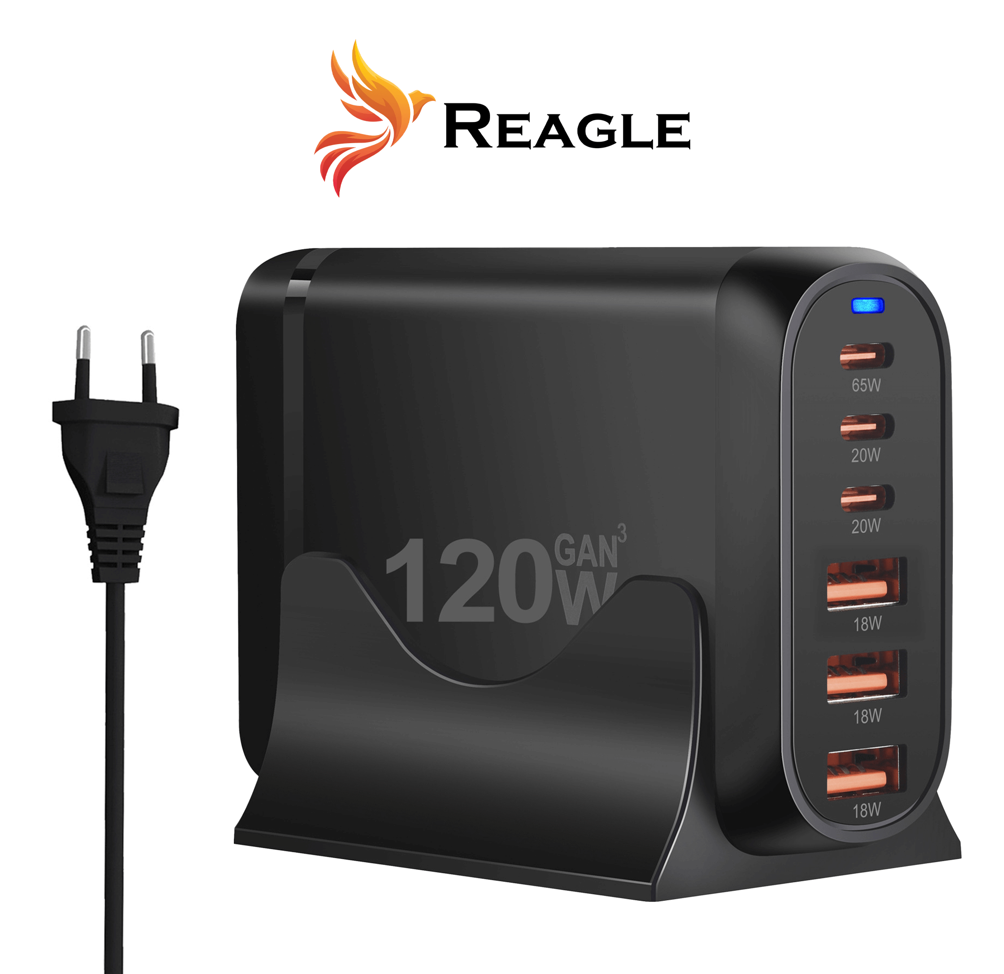 Czarny zasilacz z wieloma portami USB i kablem zasilającym. Widoczne logo "REAGLE".
