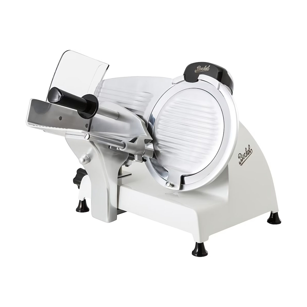 Biała krajalnica do mięsa ze srebrnym ostrzem. Czarny uchwyt i nogi. Białe tło.