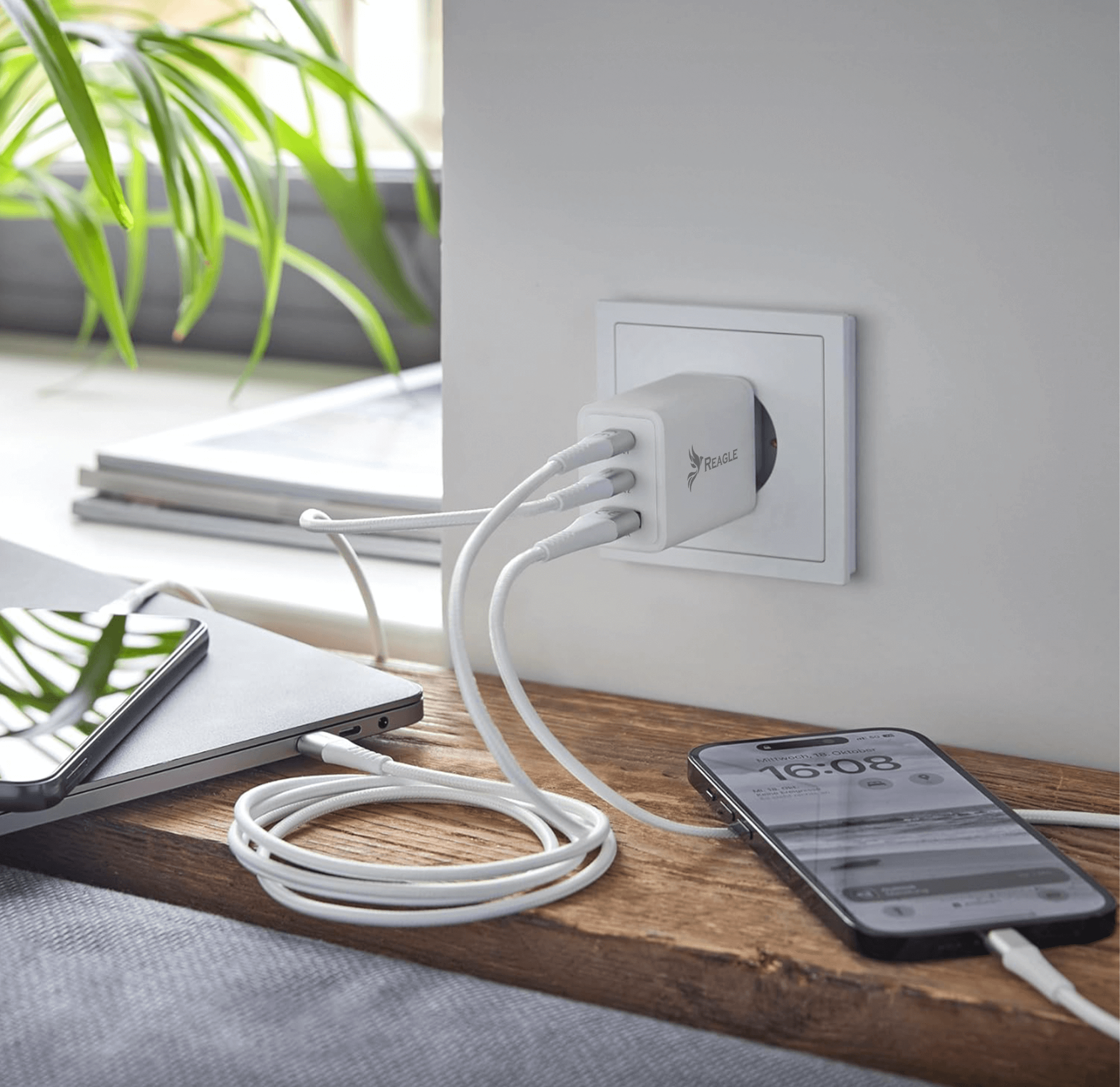 Biały zasilacz podłączony do ściany. Podłączony do laptopa i telefonów za pomocą kabli ładujących.