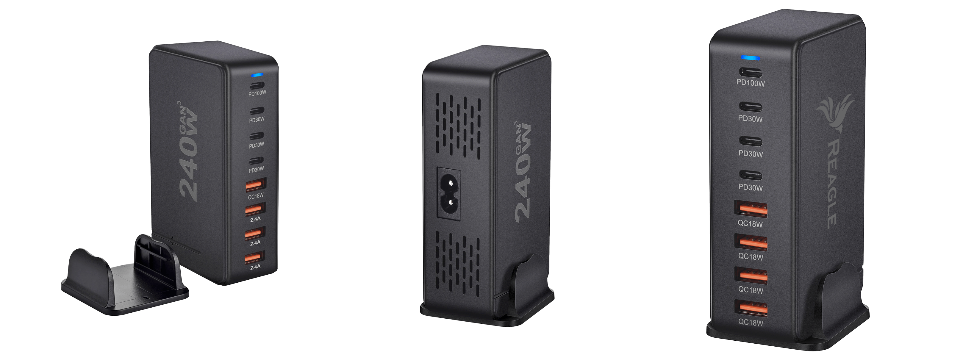 Trzy czarne zasilacze z wieloma portami i podstawką. Wyświetlany jest tekst 240W.
