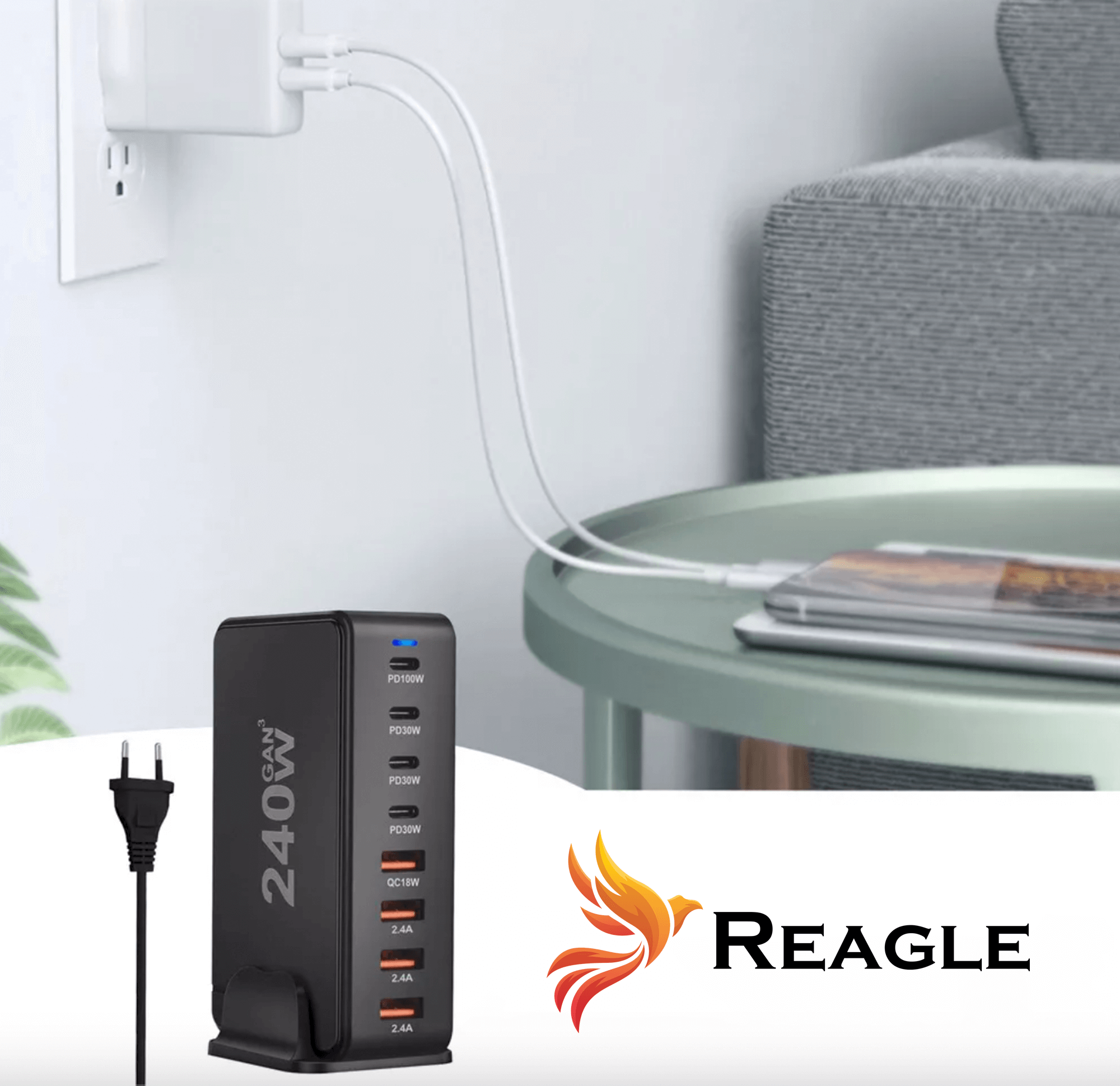 Czarna ładowarka 240W podłączona do ściany, z kablami do stołu. Logo REAGLE.