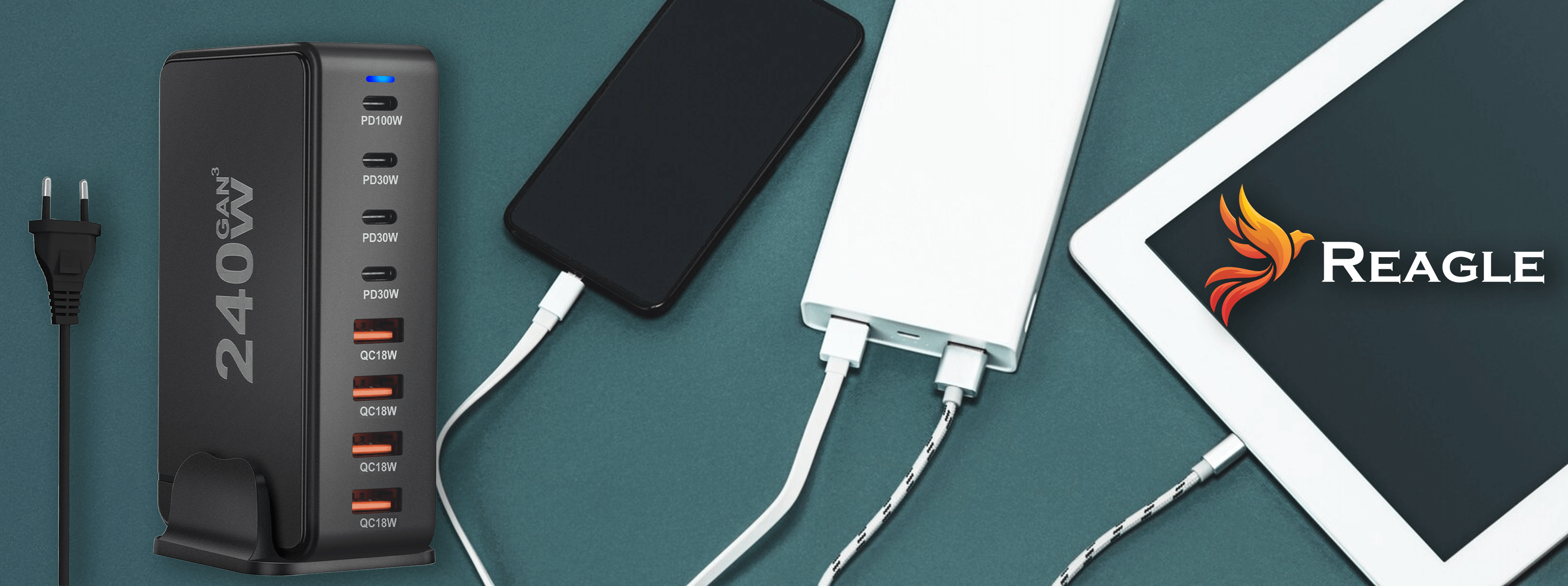 Stacja zasilania ładująca kilka urządzeń, w tym telefon, tablet i laptop.