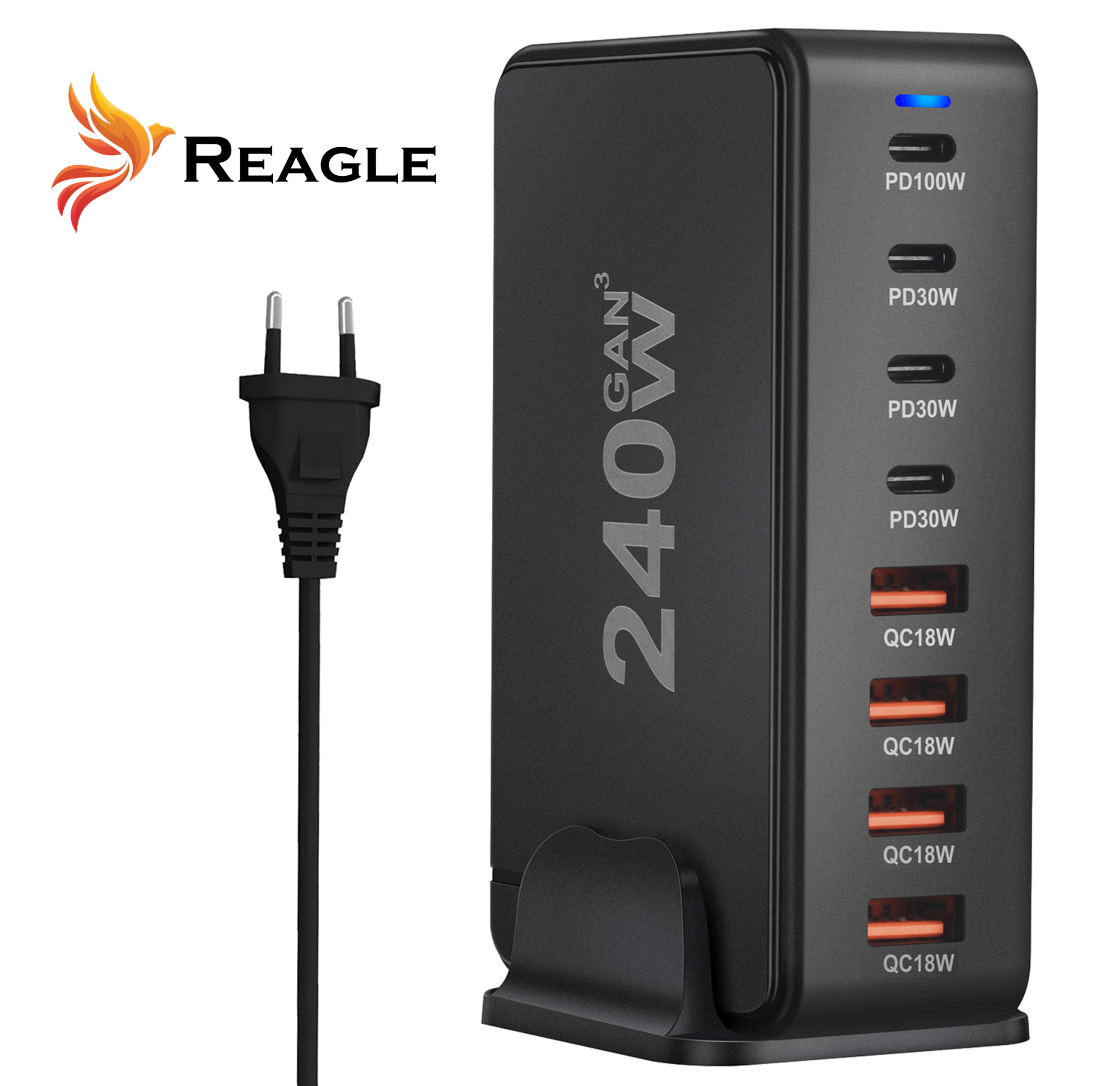 Czarny zasilacz z wieloma portami i wtyczką. Etykieta głosi '240W'.