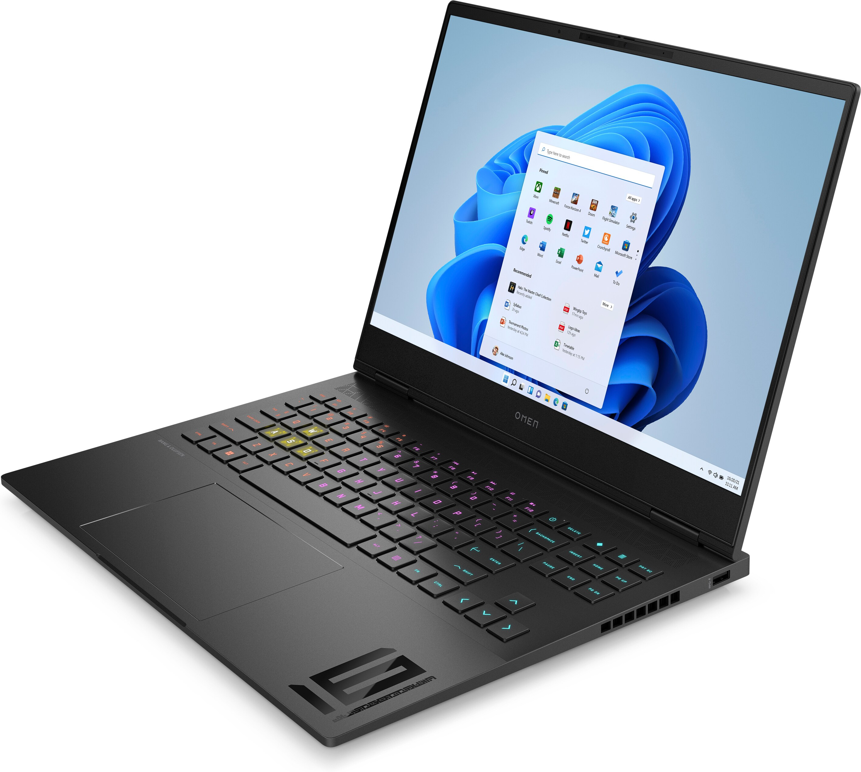 Portátil negro, abierto, mostrando la interfaz de Windows 11, vista en ángulo.