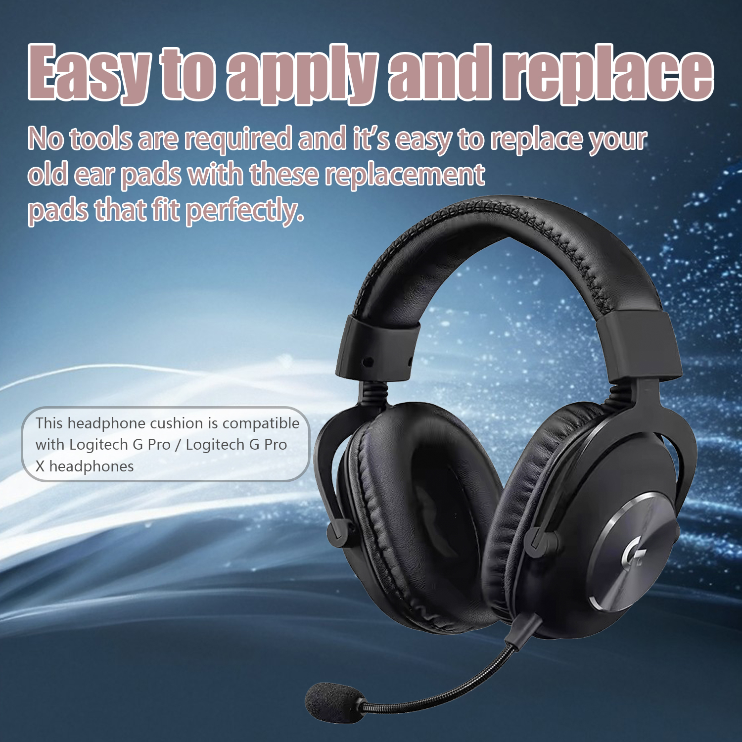 Czarne słuchawki z mikrofonem. Tekst mówi, że łatwo jest założyć i wymienić wkładki.