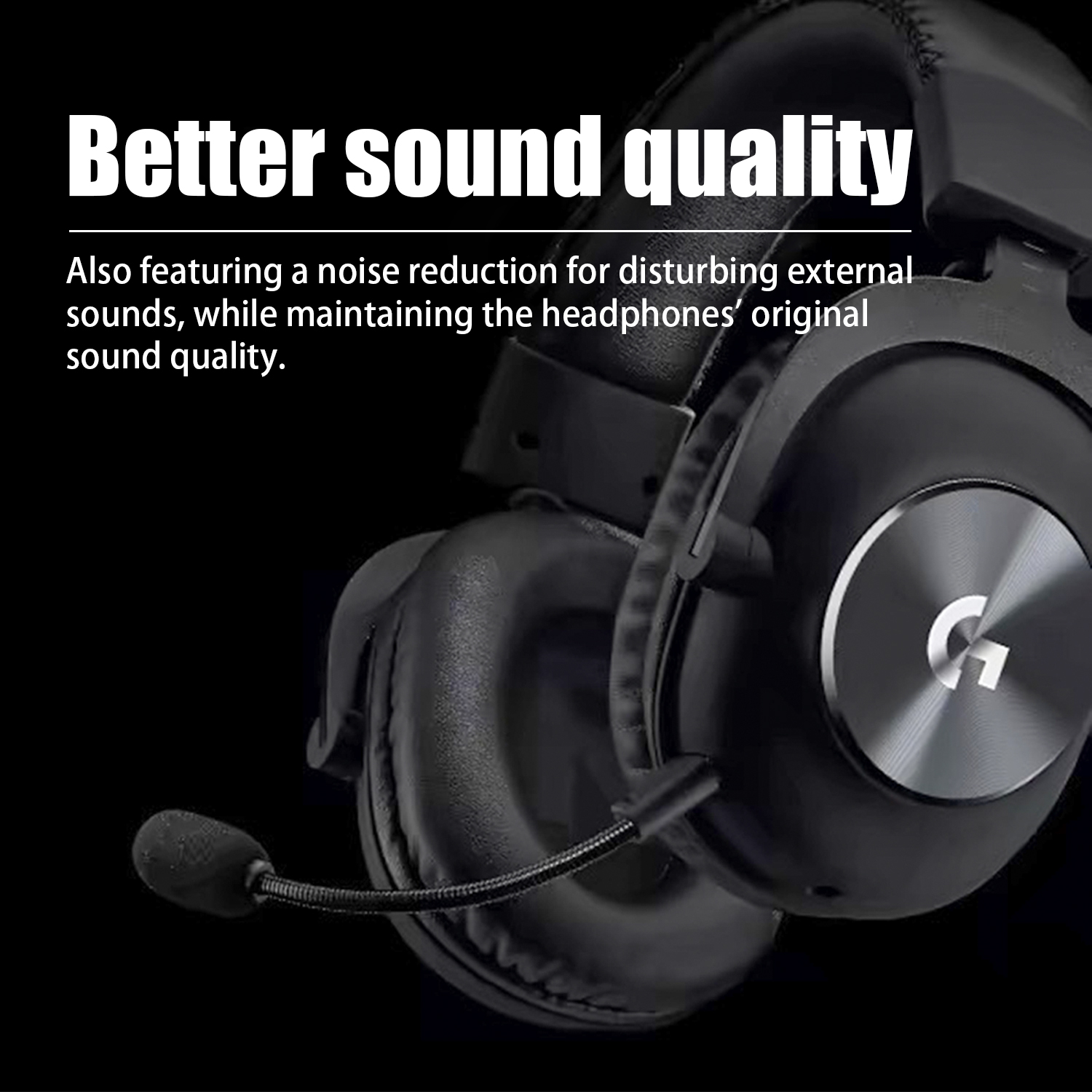 Czarne słuchawki z mikrofonem. Tekst mówiący „Lepsza jakość dźwięku” i inne szczegóły.