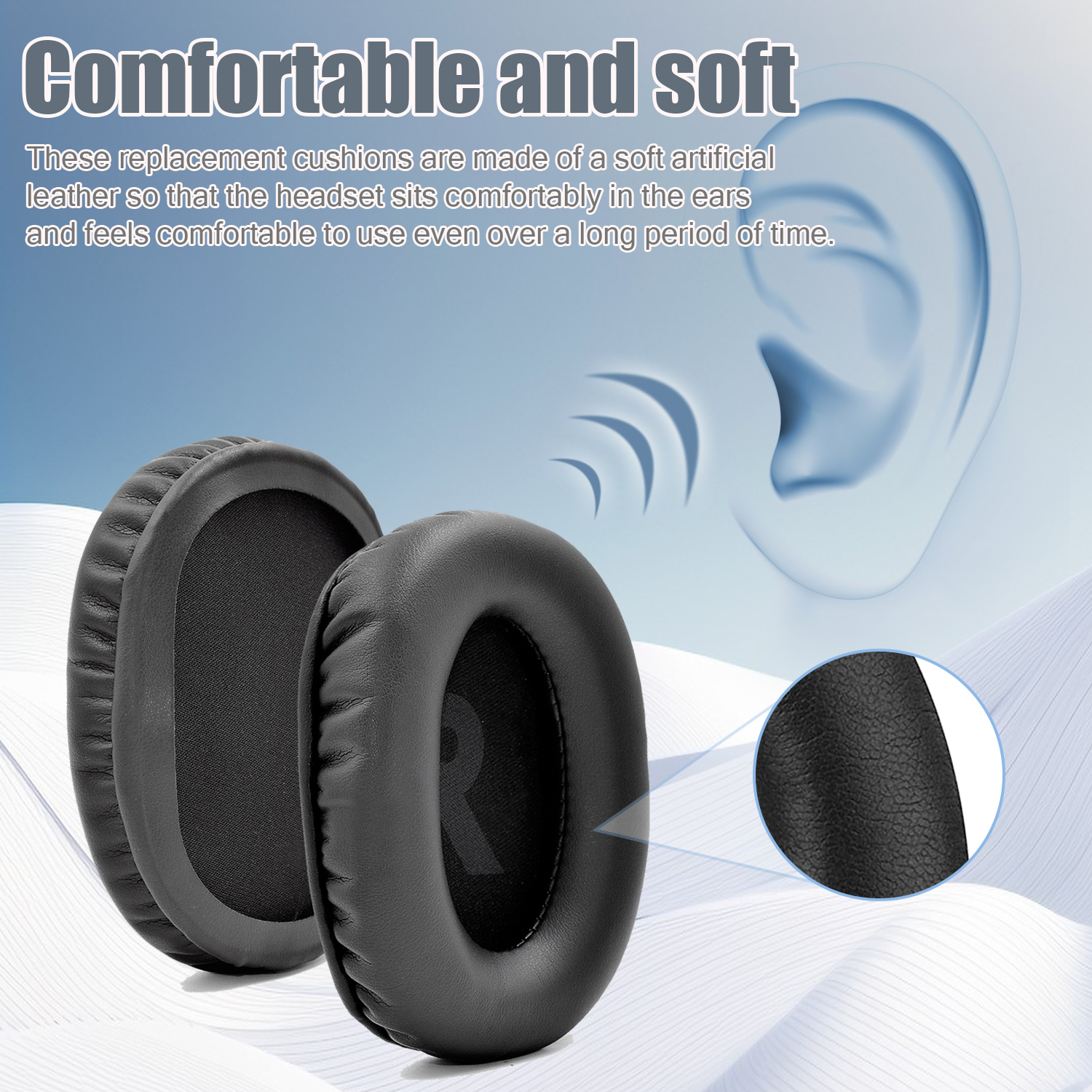 Dwie czarne wkładki do słuchawek ze schematem ucha i szczegółami tekstury.