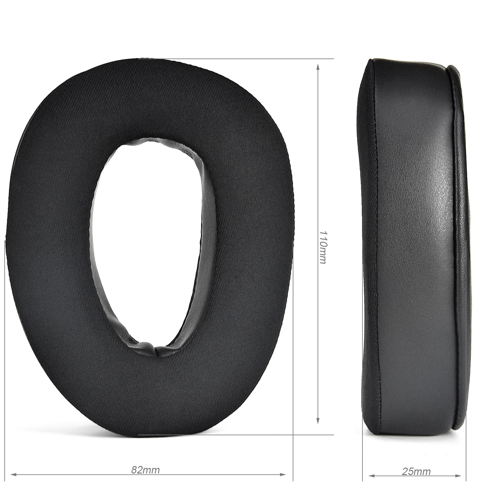 Dwie czarne poduszki nauszne do słuchawek, widok z boku i z góry. Pokazane są wymiary.