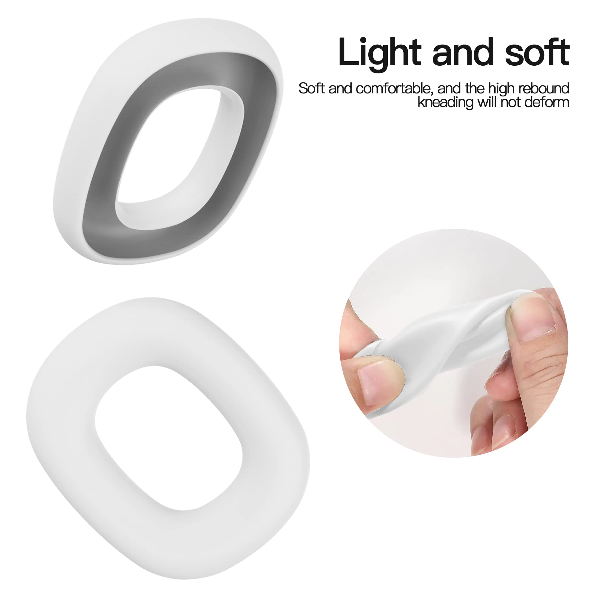 Dwa białe, miękkie, owalne pierścienie i dłoń ściskająca jeden. Szare wnętrze. Widoczny tekst 'Light and soft'.