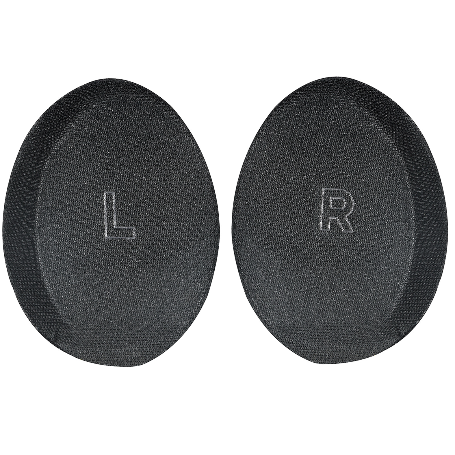 Dwie czarne osłony słuchawek, oznaczone 'L' i 'R'.