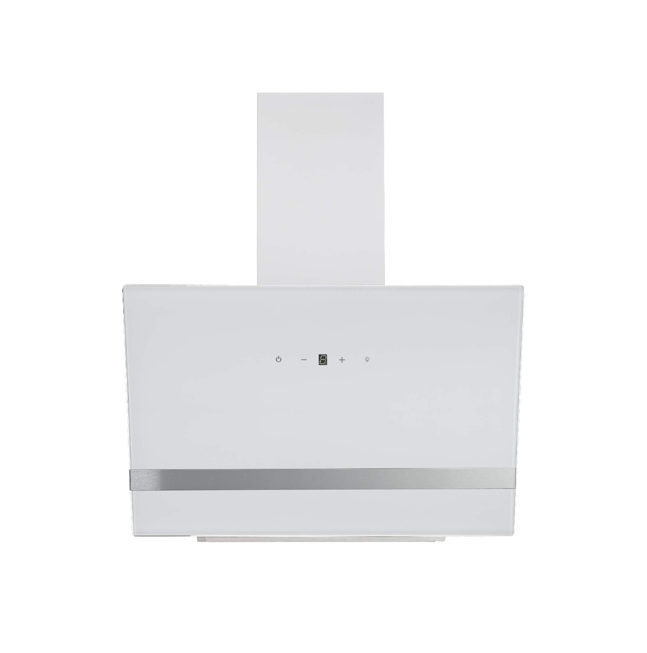 Hotte de cuisinière blanche avec commandes tactiles et garniture argentée.