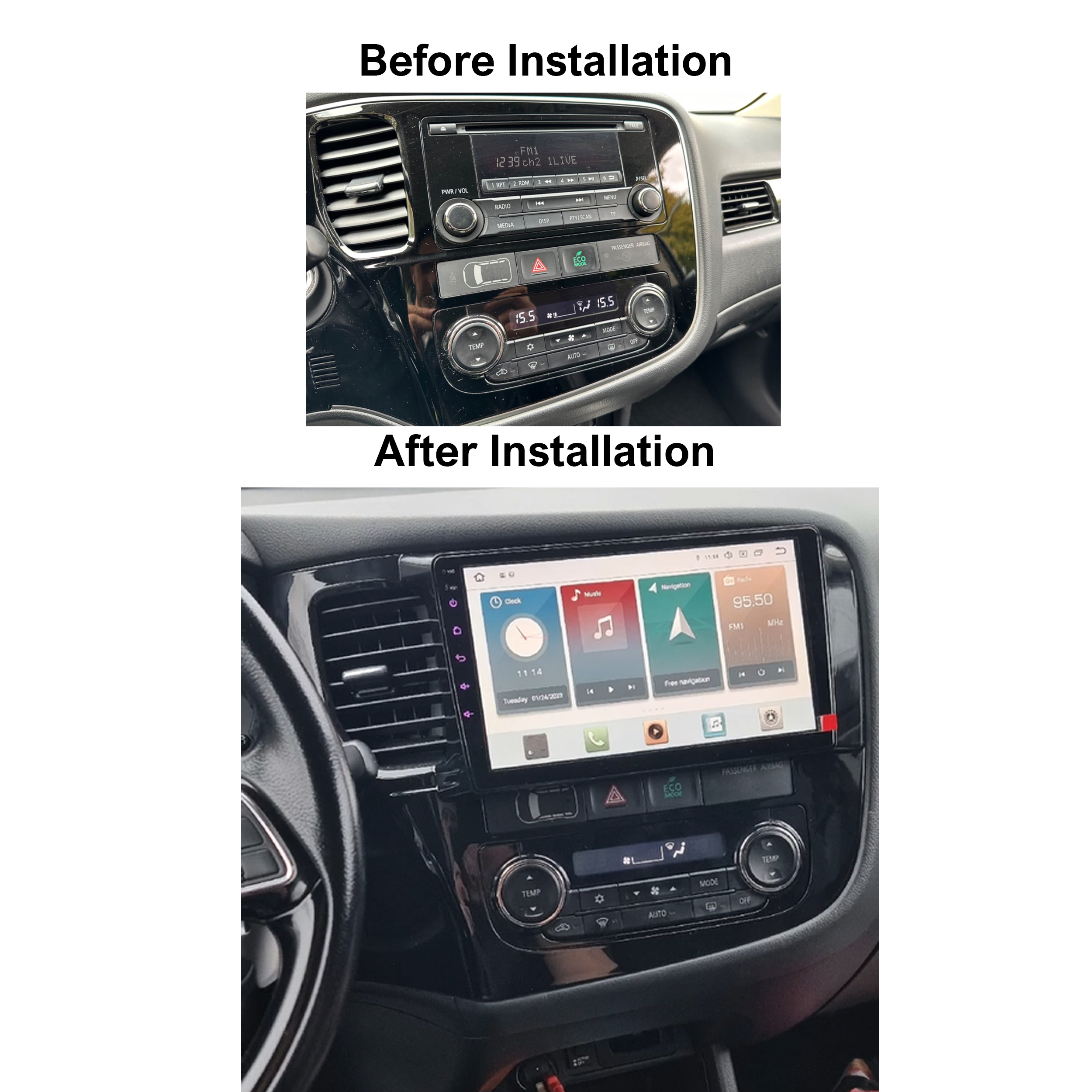 Vorher und nachher Installation eines Autoradios. Neues Display sichtbar.