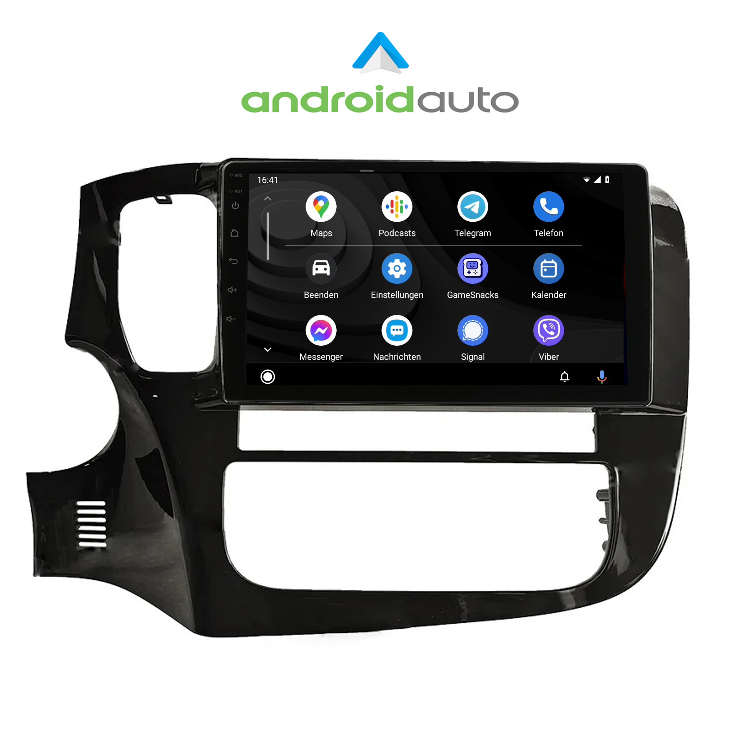 Android Auto Autoscreen-Oberfläche auf einem schwarzen Armaturenbrett angezeigt.