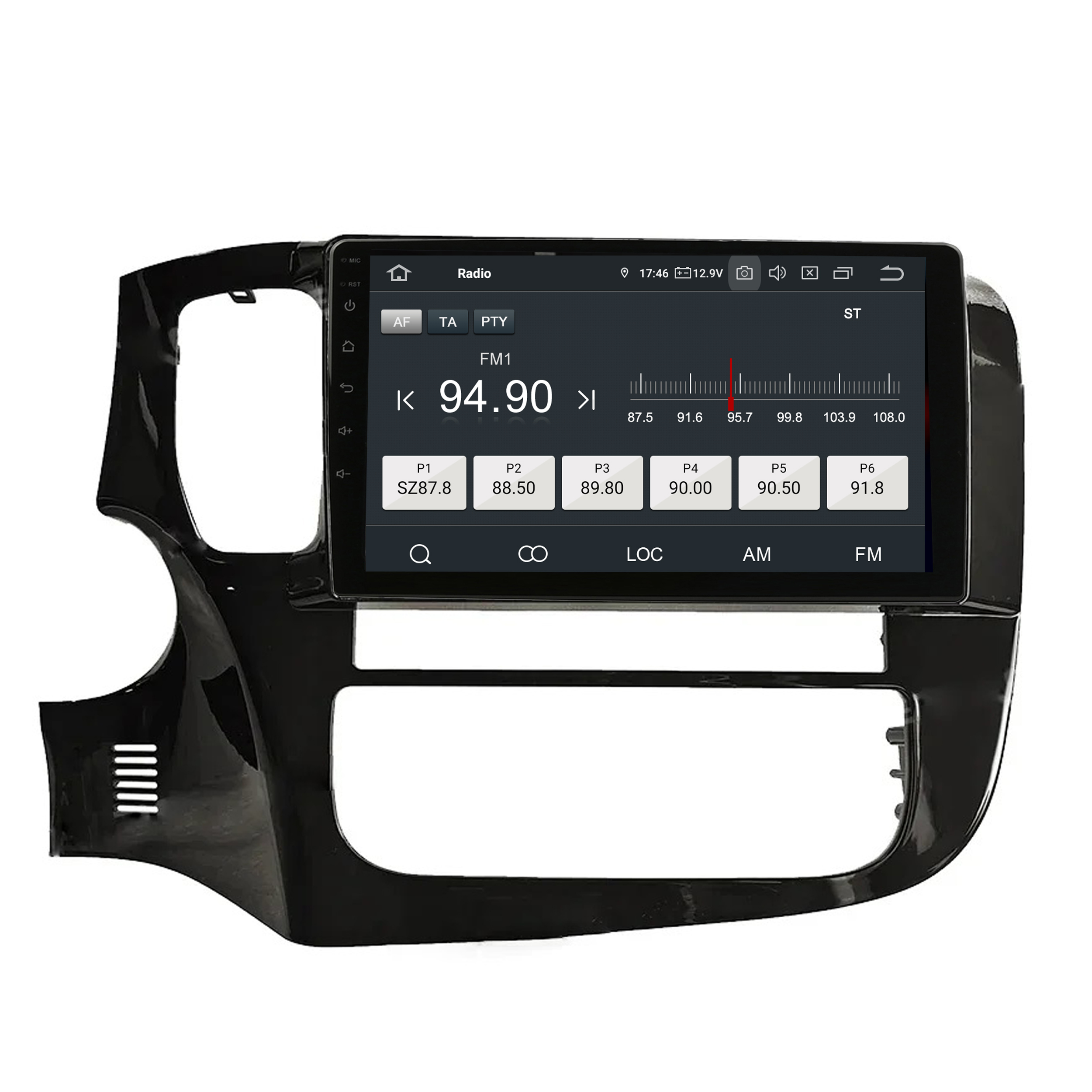 Autoradio mit großem Touchscreen, der Radiodaten anzeigt.