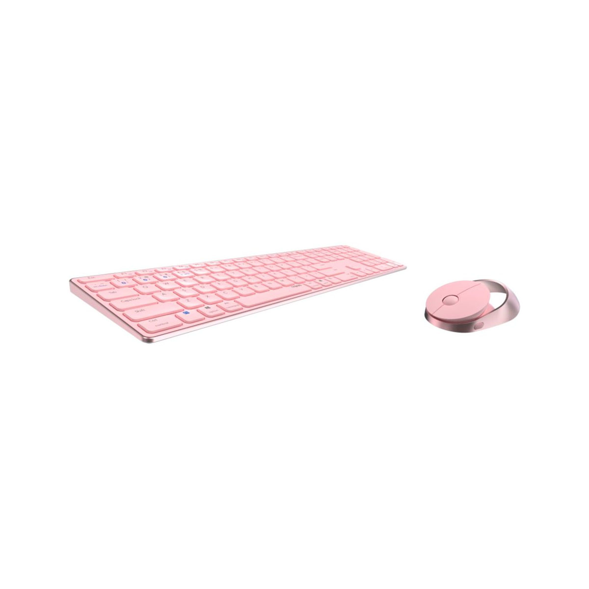 Un set di tastiera e mouse rosa su sfondo bianco.