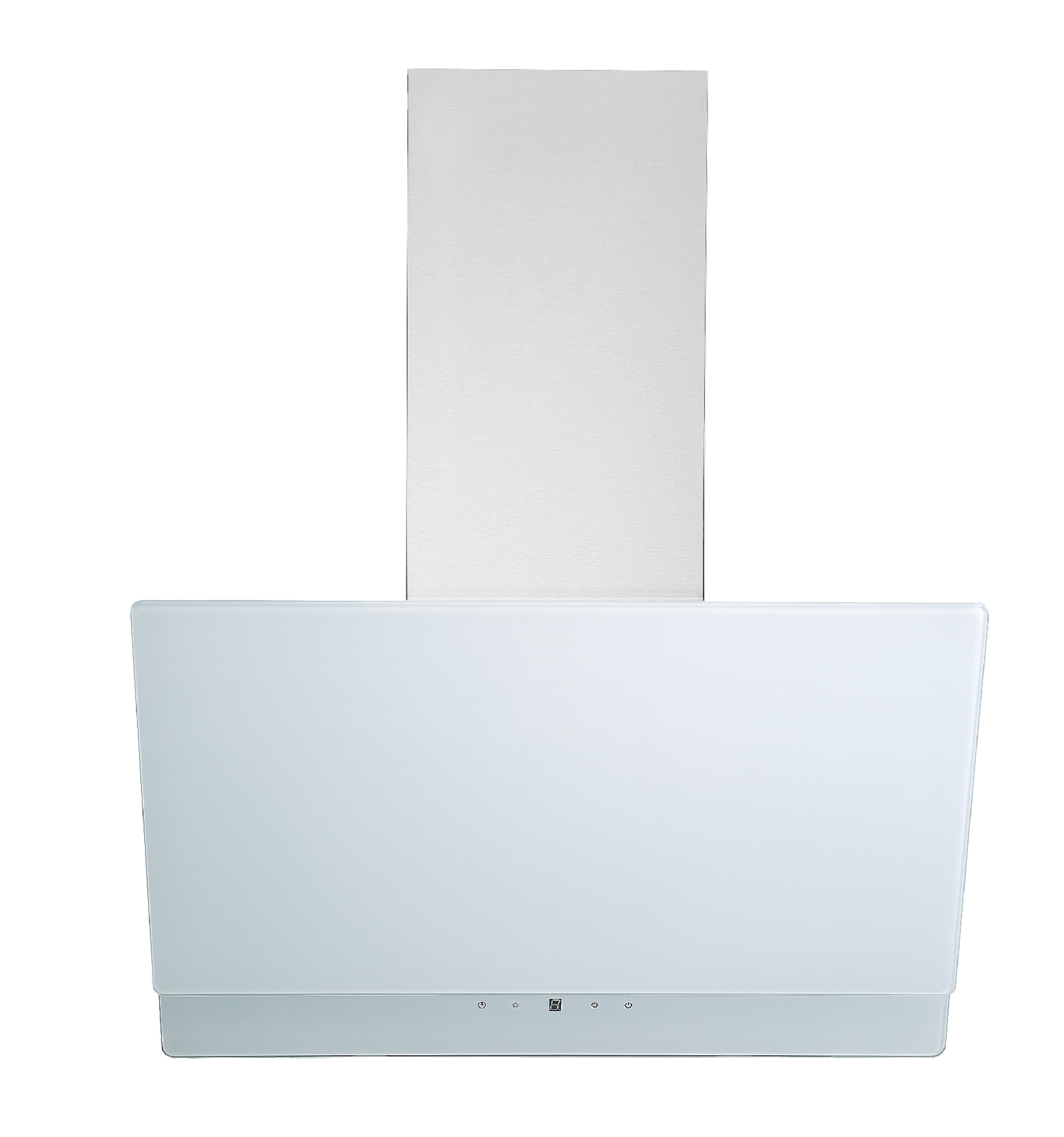 A white range hood with a glass front and a tall chimney.