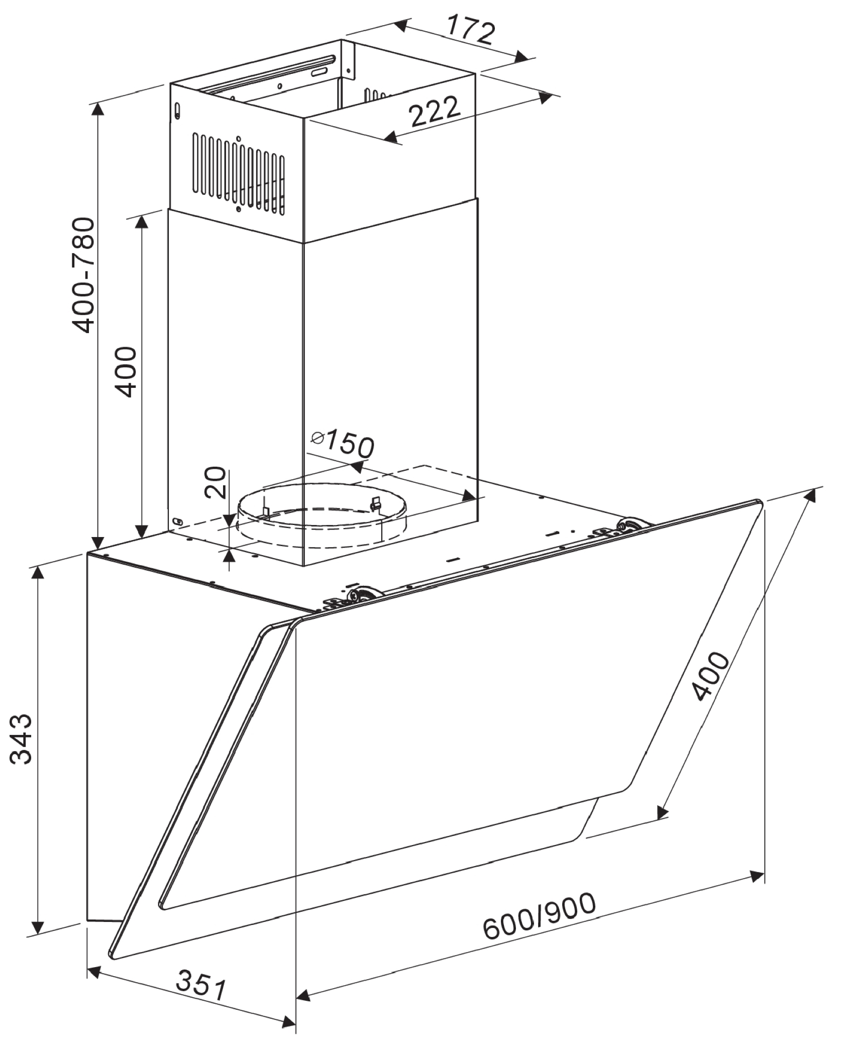 Diagram of a kitchen hood with dimensions. The hood is white and has a rectangular chimney.