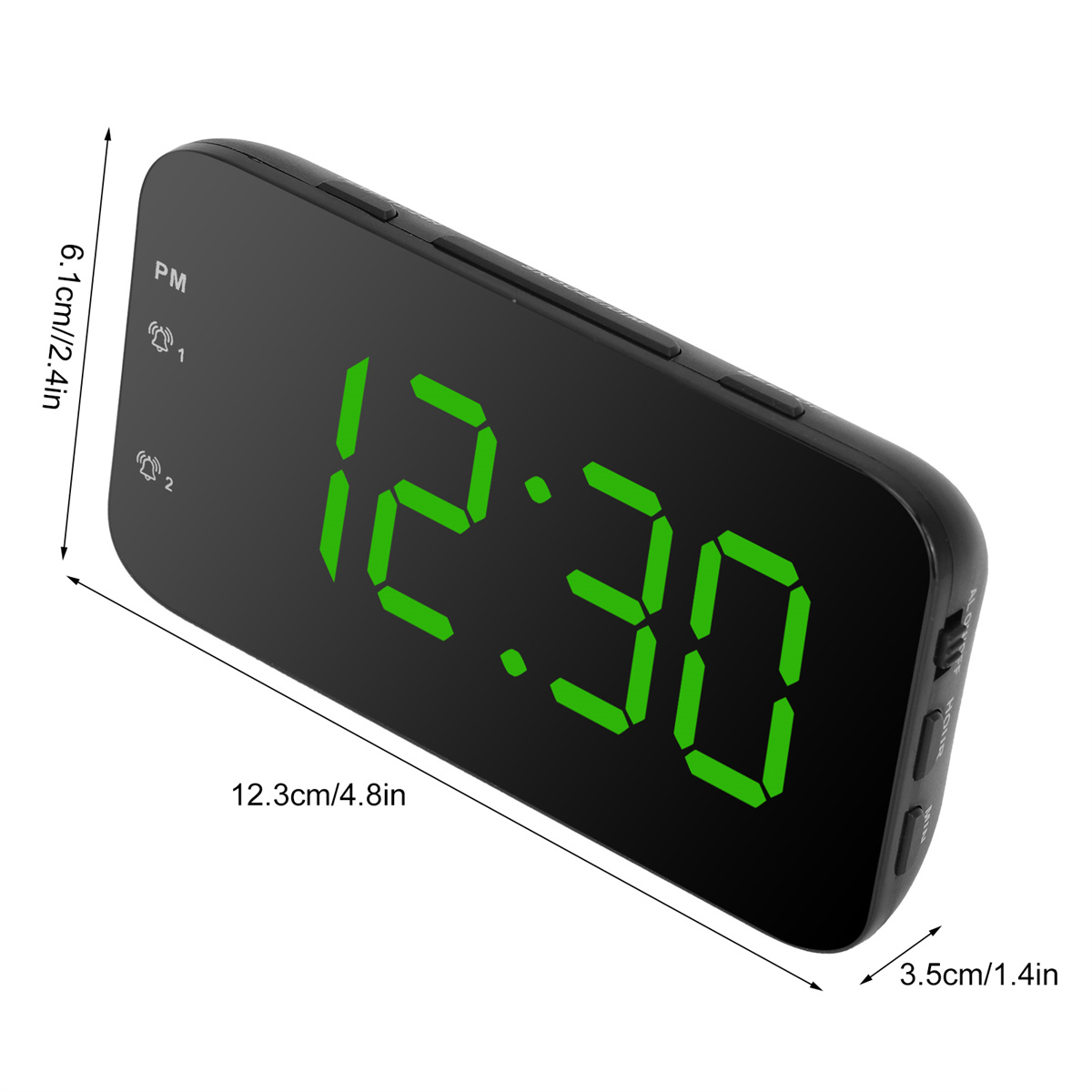 Ein schwarzer digitaler Wecker mit der Anzeige 12:30 mit grünen Ziffern. Abmessungen sind angegeben.