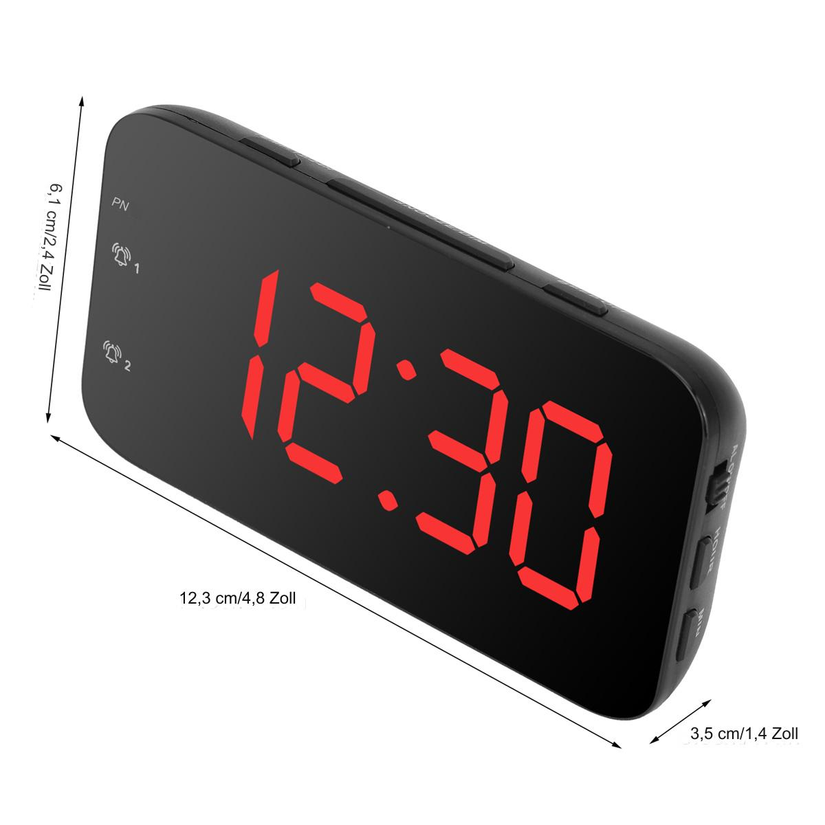 Schwarzer digitaler Wecker, der 12:30 anzeigt. Abmessungen in cm und Zoll sind angegeben.