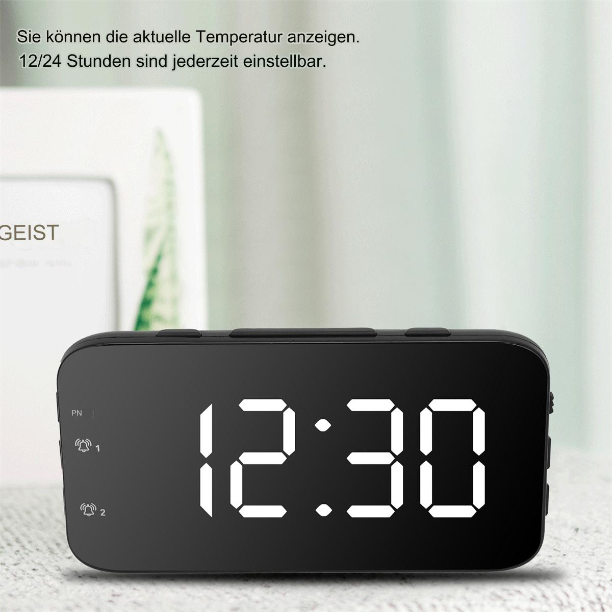 Schwarzer digitaler Wecker mit der Anzeige 12:30. Weiße Zahlen auf schwarzem Hintergrund. Text darüber.