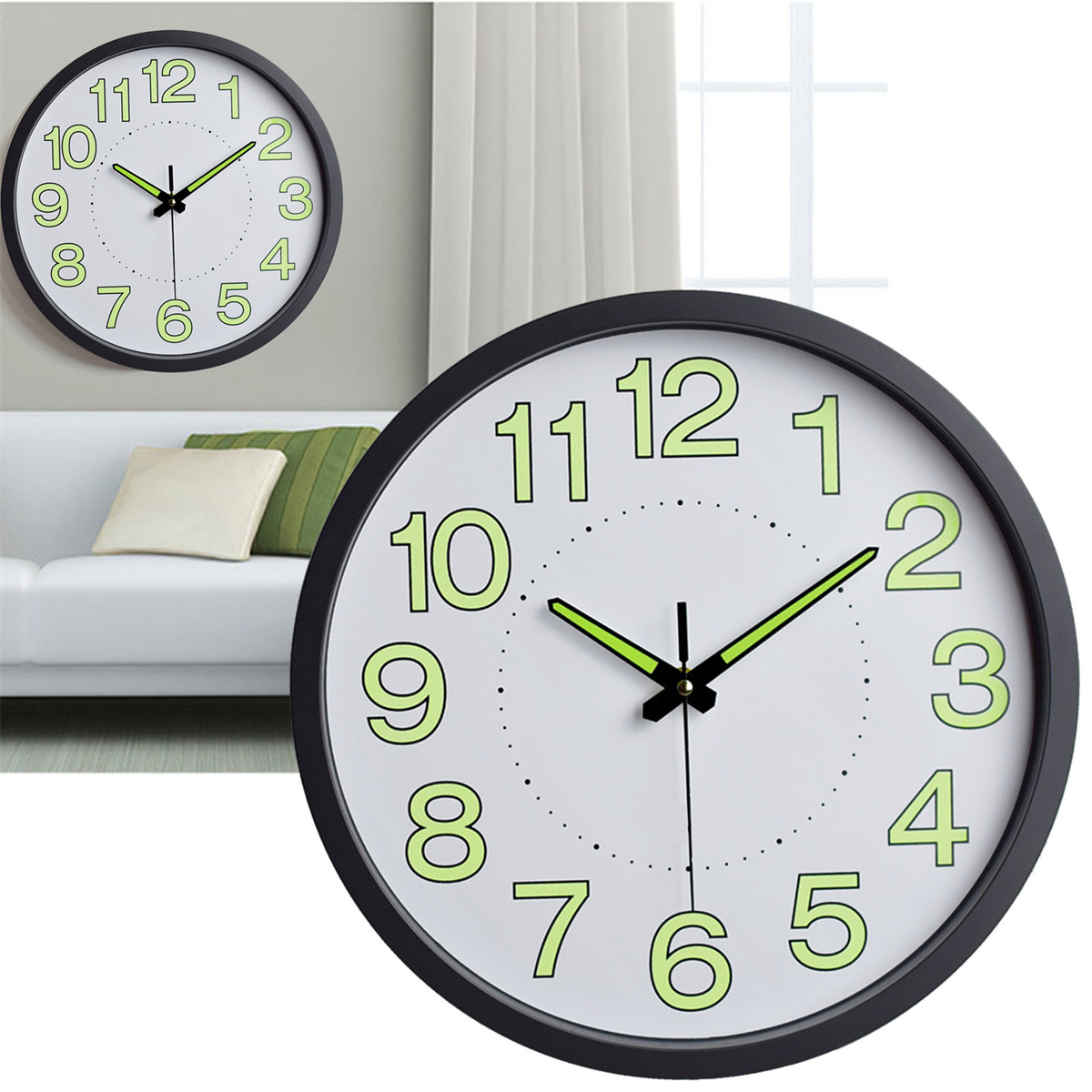 Eine Uhr an einer Wand, mit einer kleineren Uhr in der Ecke, die die Zeit anzeigt.