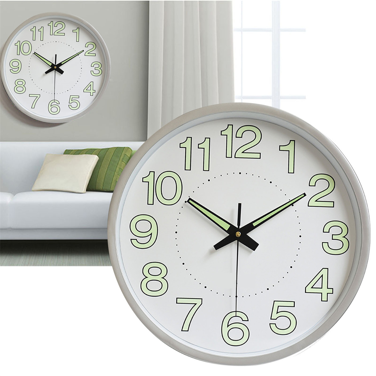Weiße Wanduhr, die die Zeit anzeigt. Eine weitere Uhr im Hintergrund. Grün-weißes Interieur.