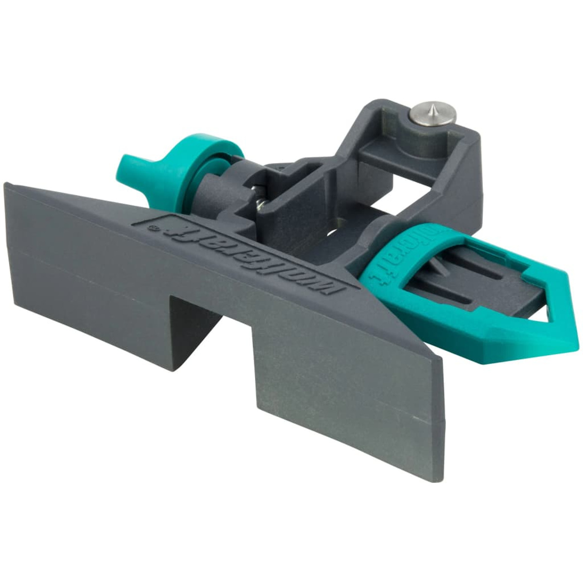 Werkzeug mit grauen und teal-farbenen Teilen. Es hat einen teal-farbenen Einstellknopf und eine graue Basis mit Logo.