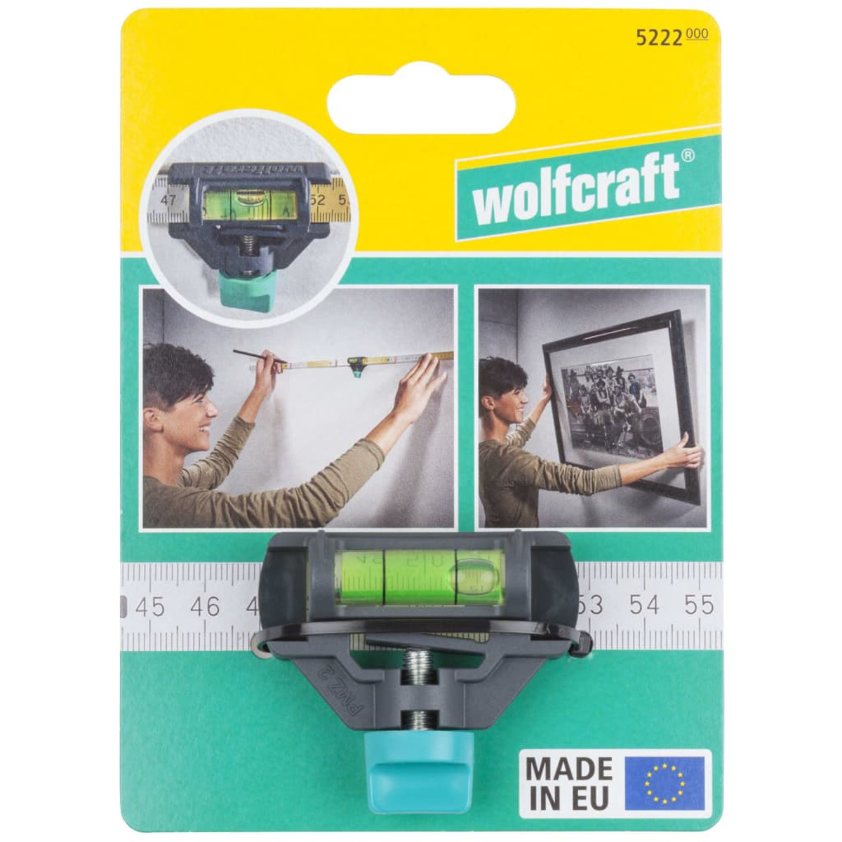 Ein Wasserwaagenwerkzeug mit Anwendungsbildern und Text auf einer grün-weißen Karte.