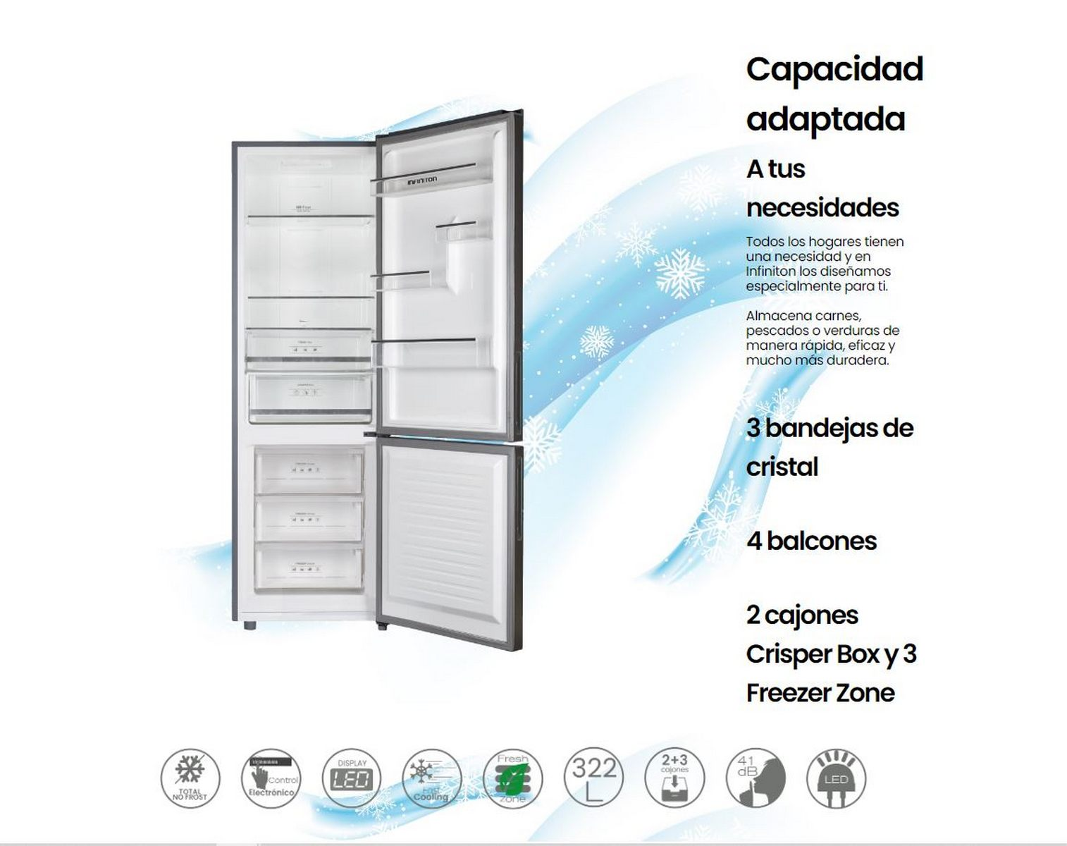 Interior de refrigerador con puertas abiertas. Muestra estantes, cajones y texto sobre características.