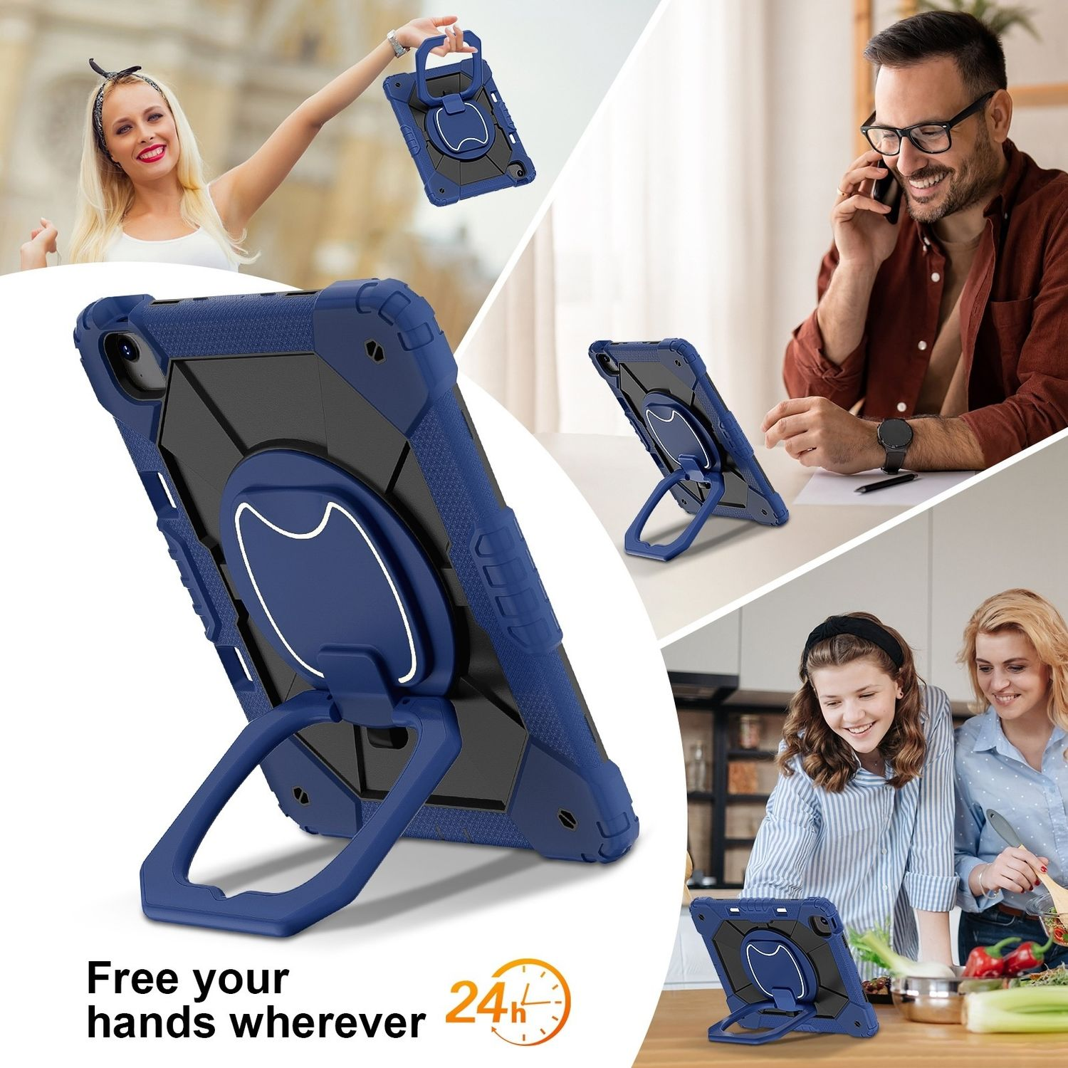 Blaue Tablet-Hülle mit Ständer, in mehreren Szenen gezeigt. Personen interagieren mit Tablets und Hüllen.