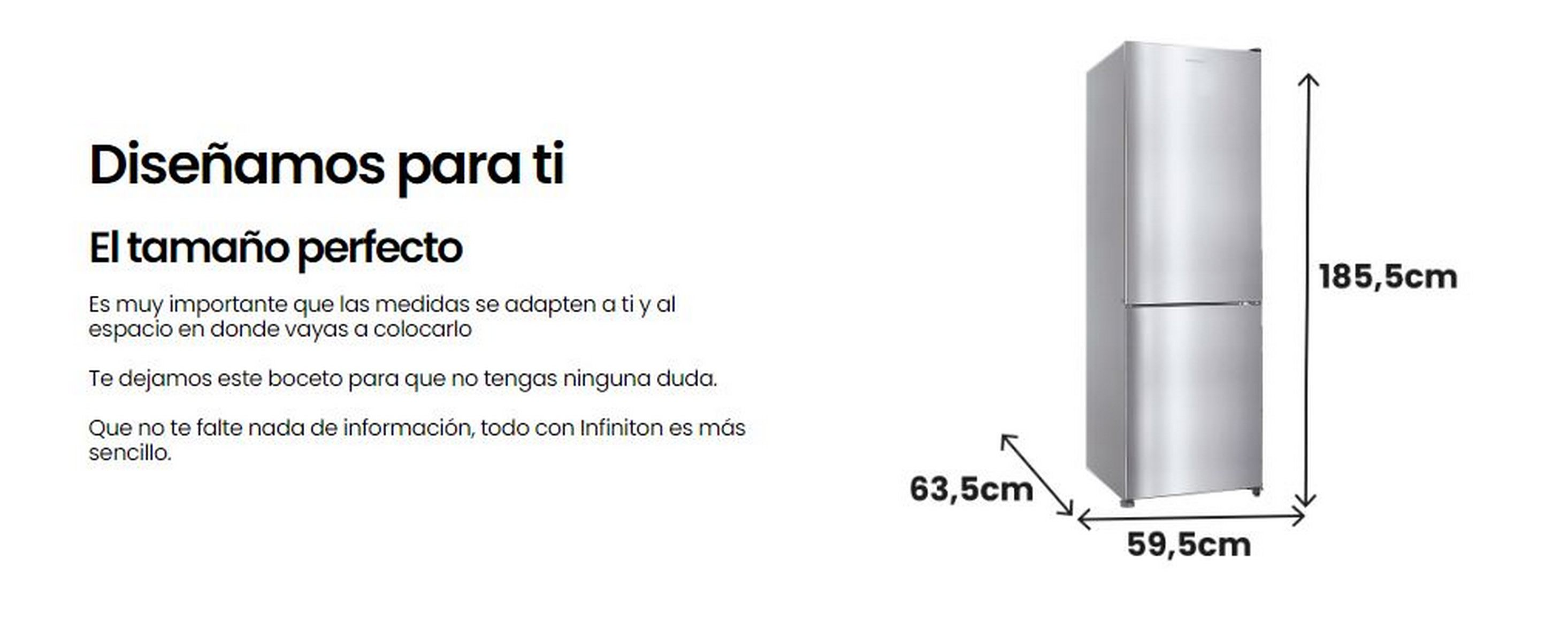 Refrigerador plateado con dimensiones en cm sobre fondo blanco.