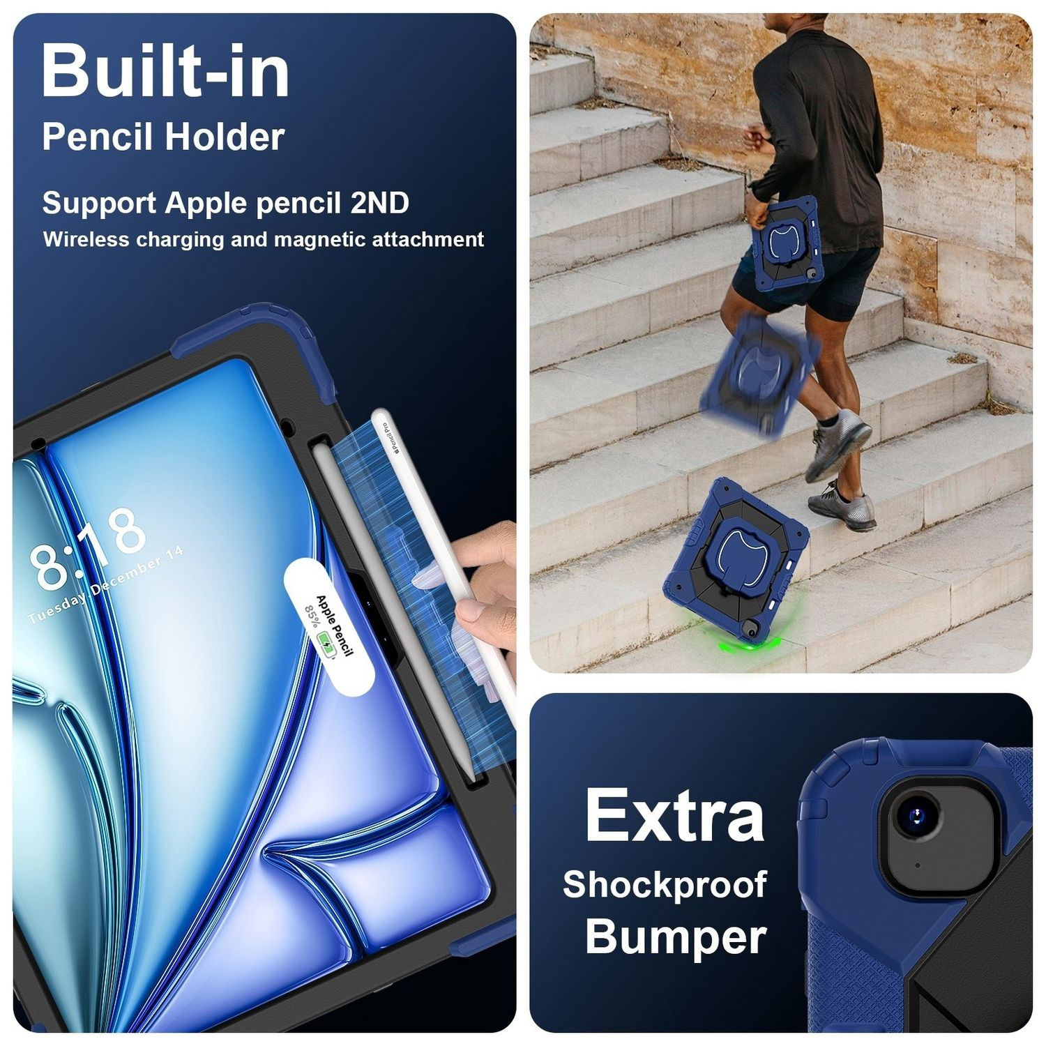 Eine iPad-Hülle mit Stifthalter, stoßfestem Design und einem iPad, das die Uhrzeit anzeigt.