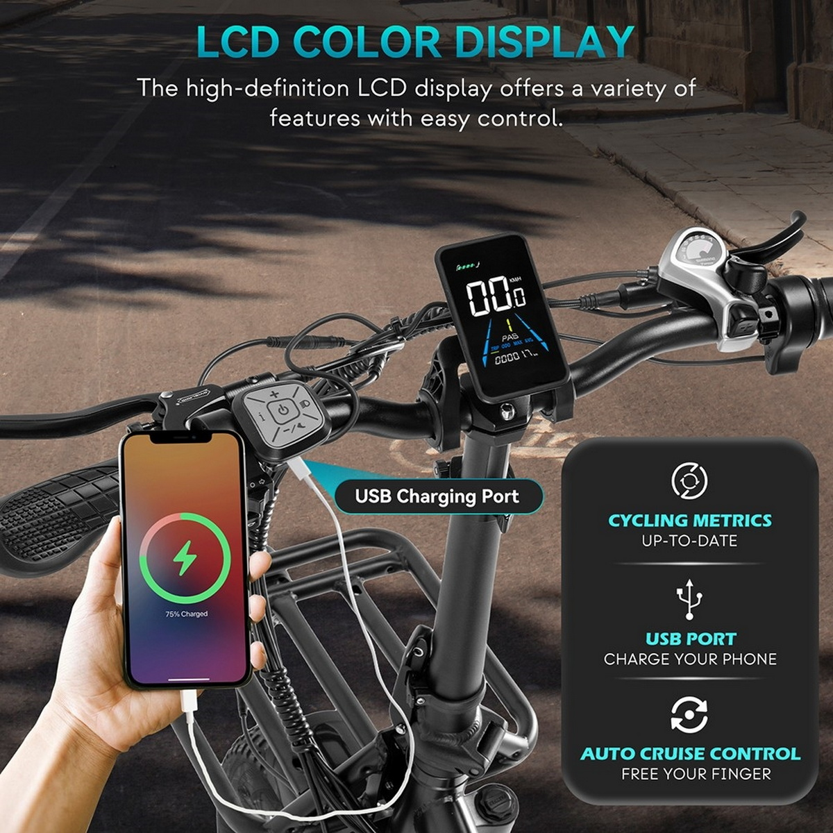Ein E-Bike-Lenker mit Telefonladung und Display, das Metriken anzeigt.