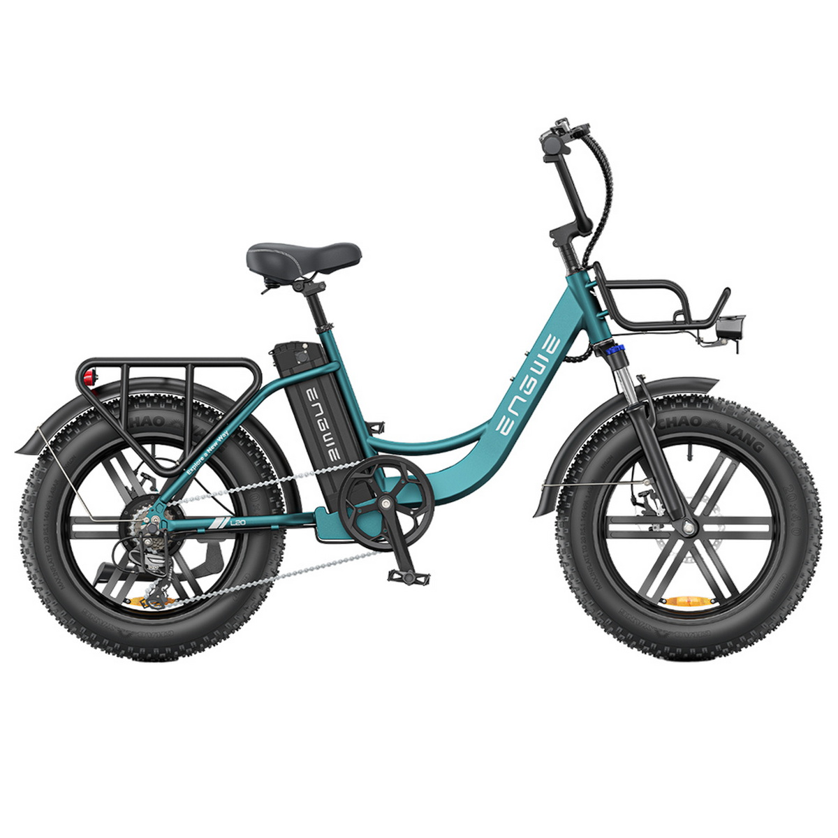 Bicicletta elettrica turchese con dettagli neri. Pneumatici grandi, portapacchi e un cestino anteriore.