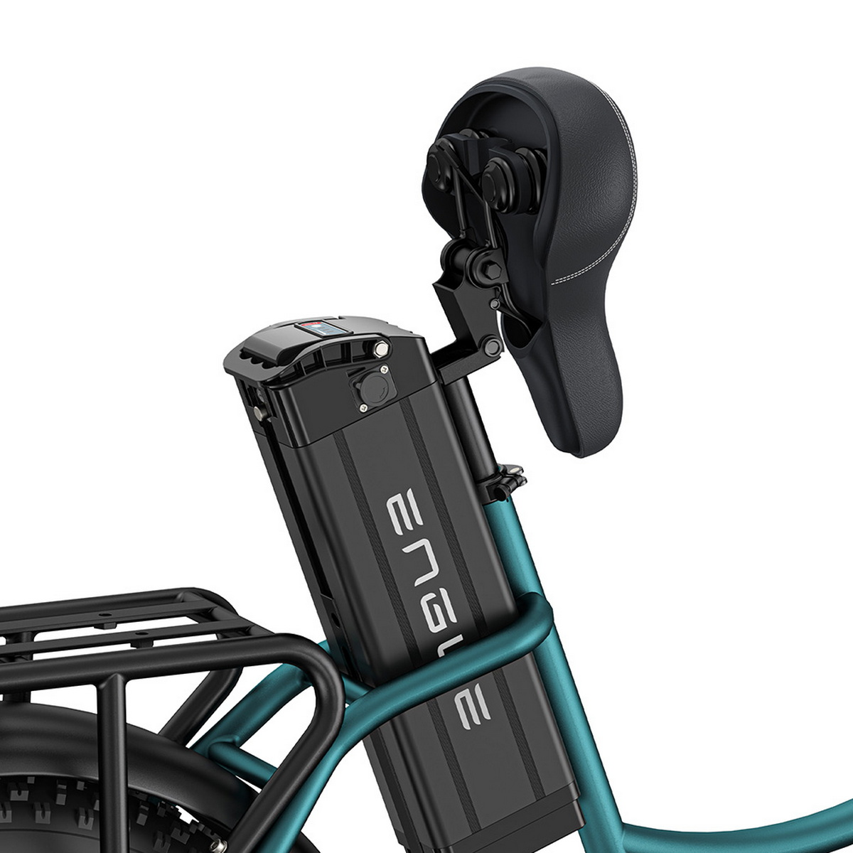 Una bicicletta elettrica con batteria. Il sedile è nero e il telaio è verde acqua.
