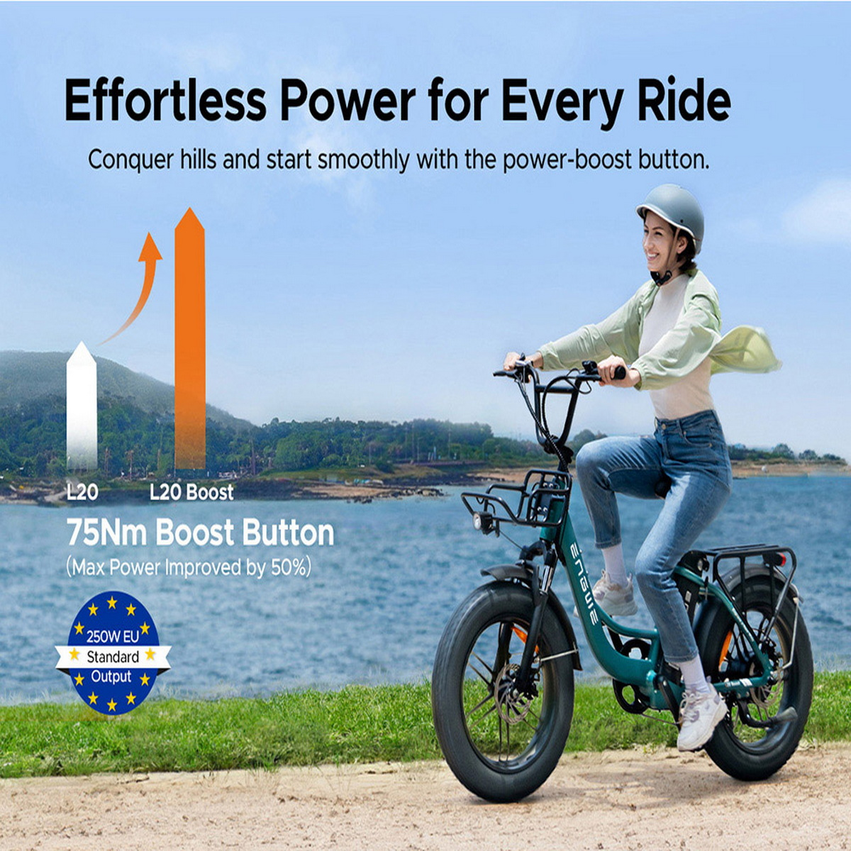 Donna che guida una e-bike verde. Il testo mostra il pulsante boost e il miglioramento della potenza.