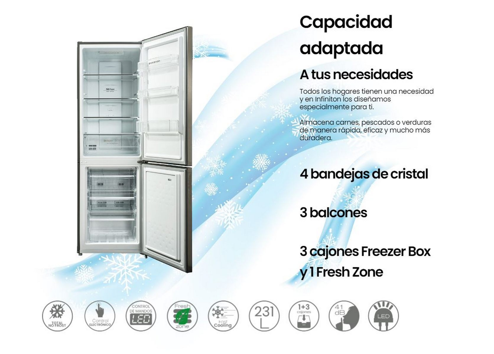 Un refrigerador abierto con la puerta abierta. Tiene estantes y cajones. El texto muestra las características. Acabado plateado.