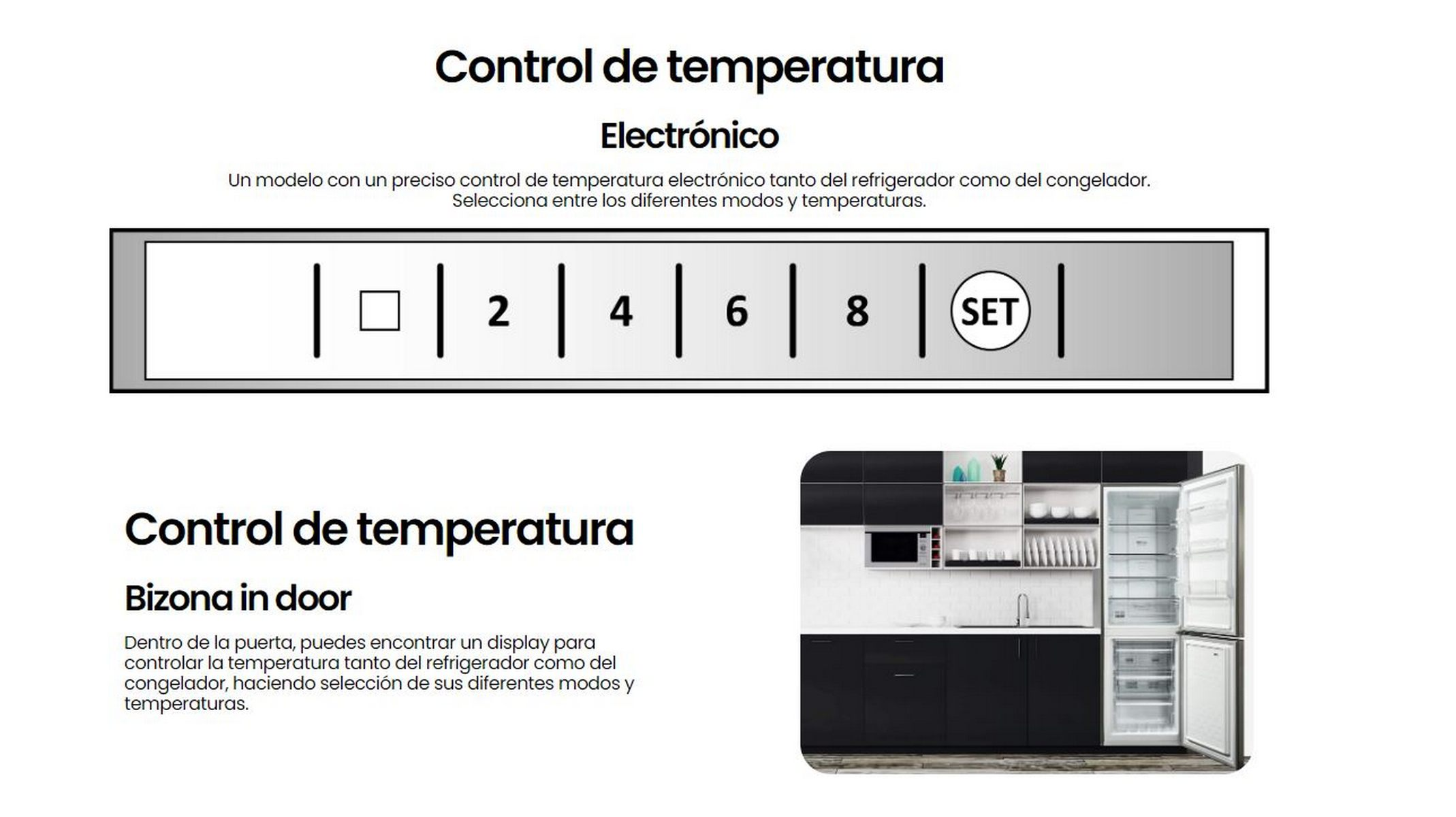 La imagen muestra un panel de control del refrigerador con ajustes de temperatura y una puerta abierta del refrigerador.