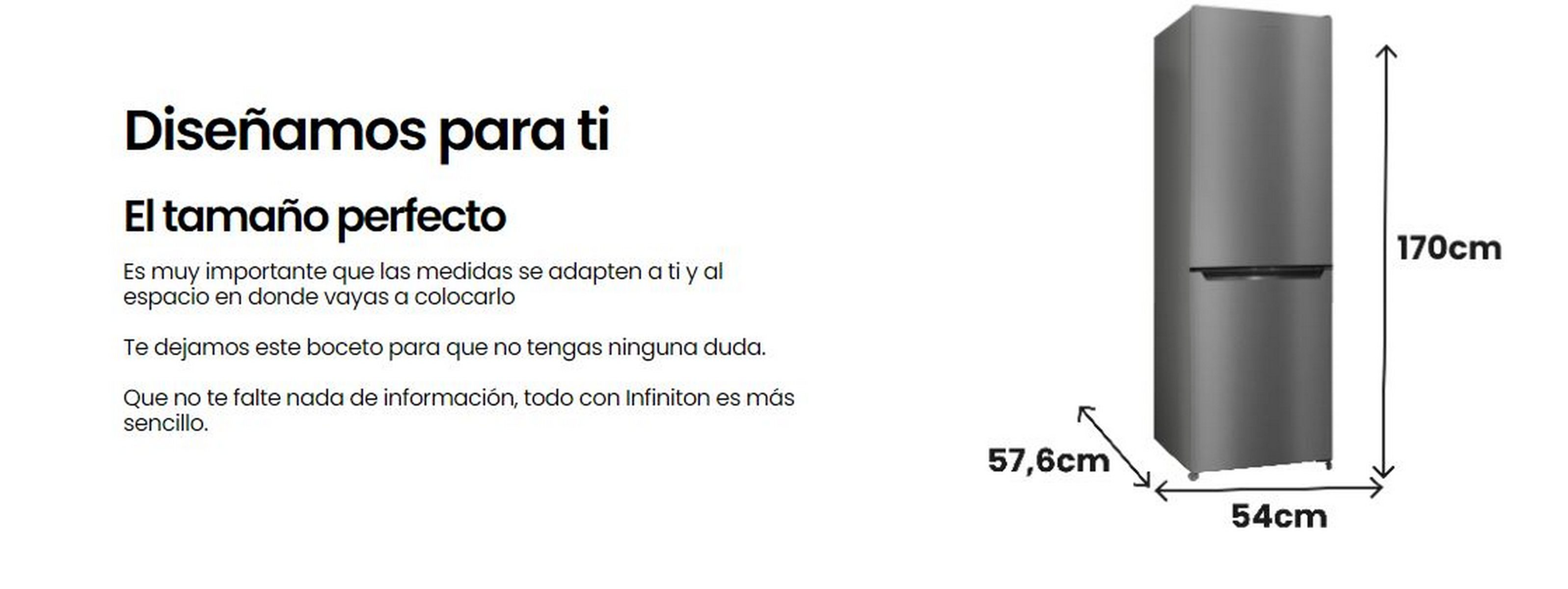 Un refrigerador gris con medidas y texto sobre el tamaño perfecto para tu espacio.